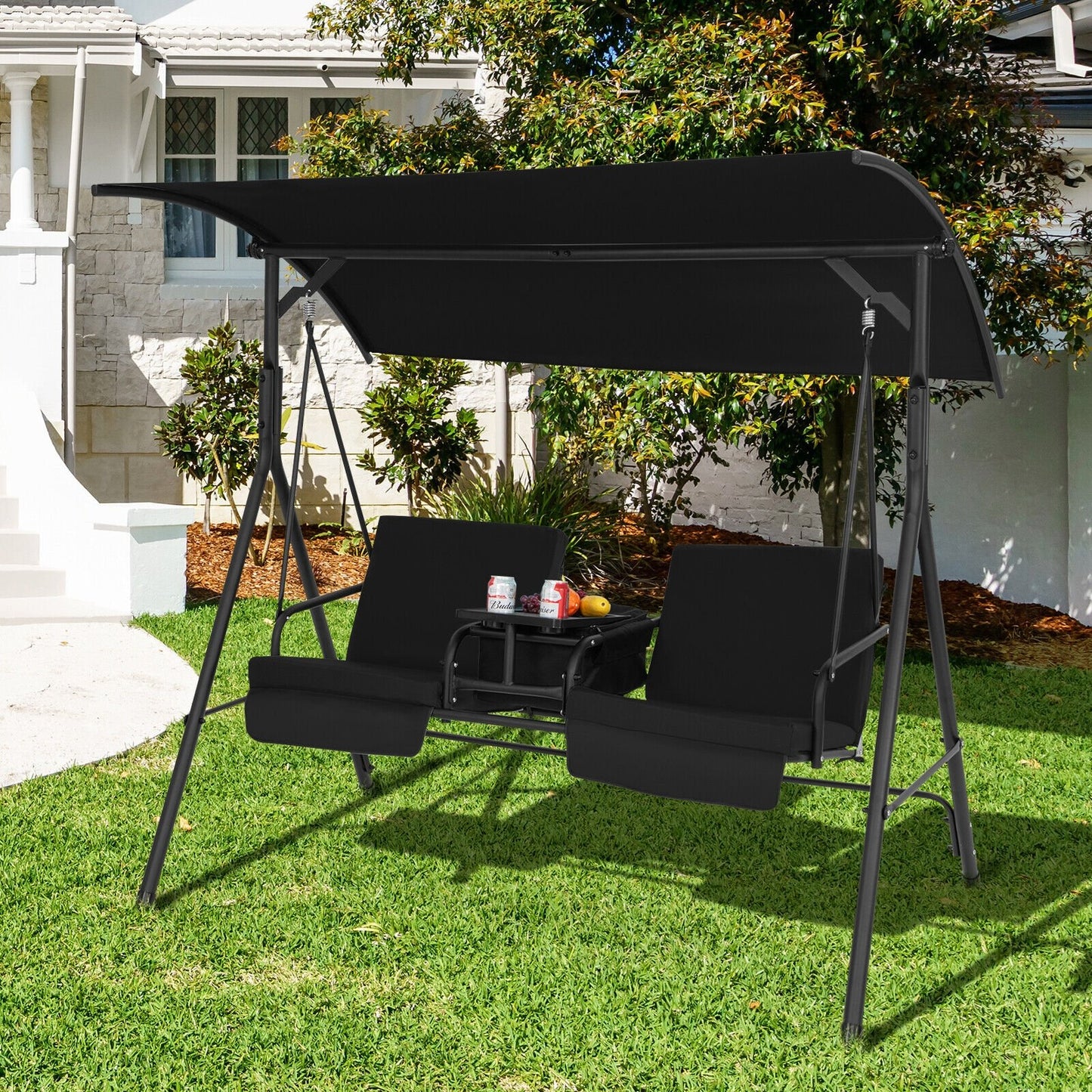Porch Swing Chair with Adjustable Canopy-Beige