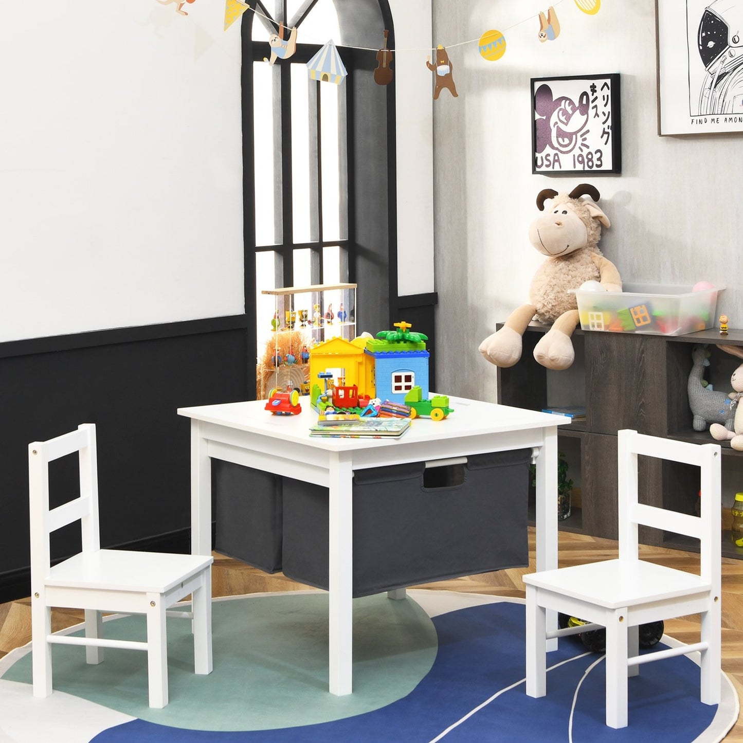 2-in-1 Kids Activity Table and 2 Chairs Set with Storage Building Block Table-Dark Brown