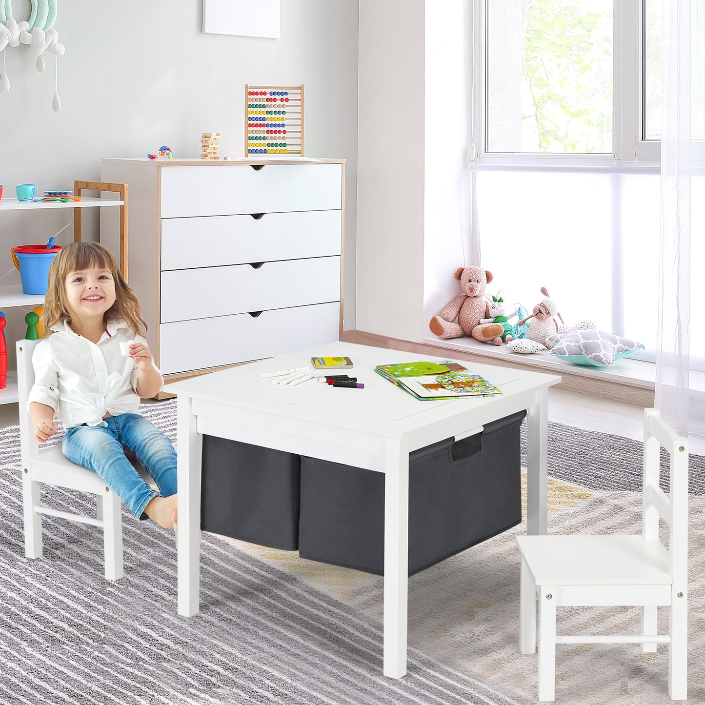 2-in-1 Kids Activity Table and 2 Chairs Set with Storage Building Block Table-Dark Brown