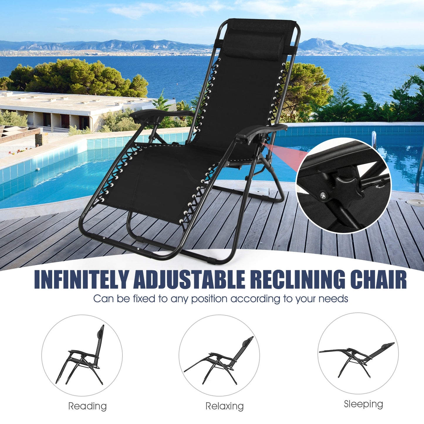 3 Pieces Folding Portable Zero Gravity Reclining Lounge Chairs Table Set-Beige