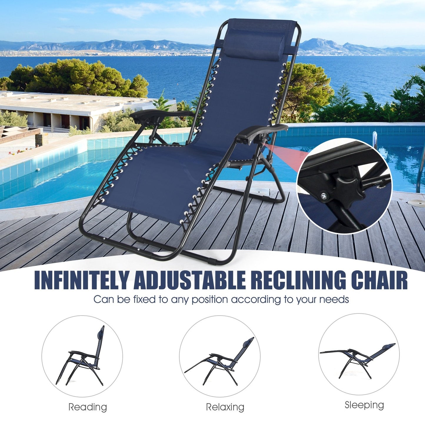 3 Pieces Folding Portable Zero Gravity Reclining Lounge Chairs Table Set-Beige