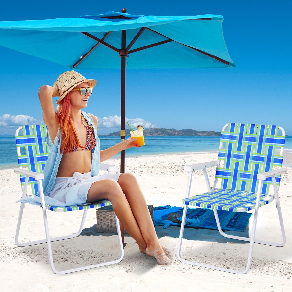 6 Pieces Folding Beach Chair Camping Lawn Webbing Chair-Blue