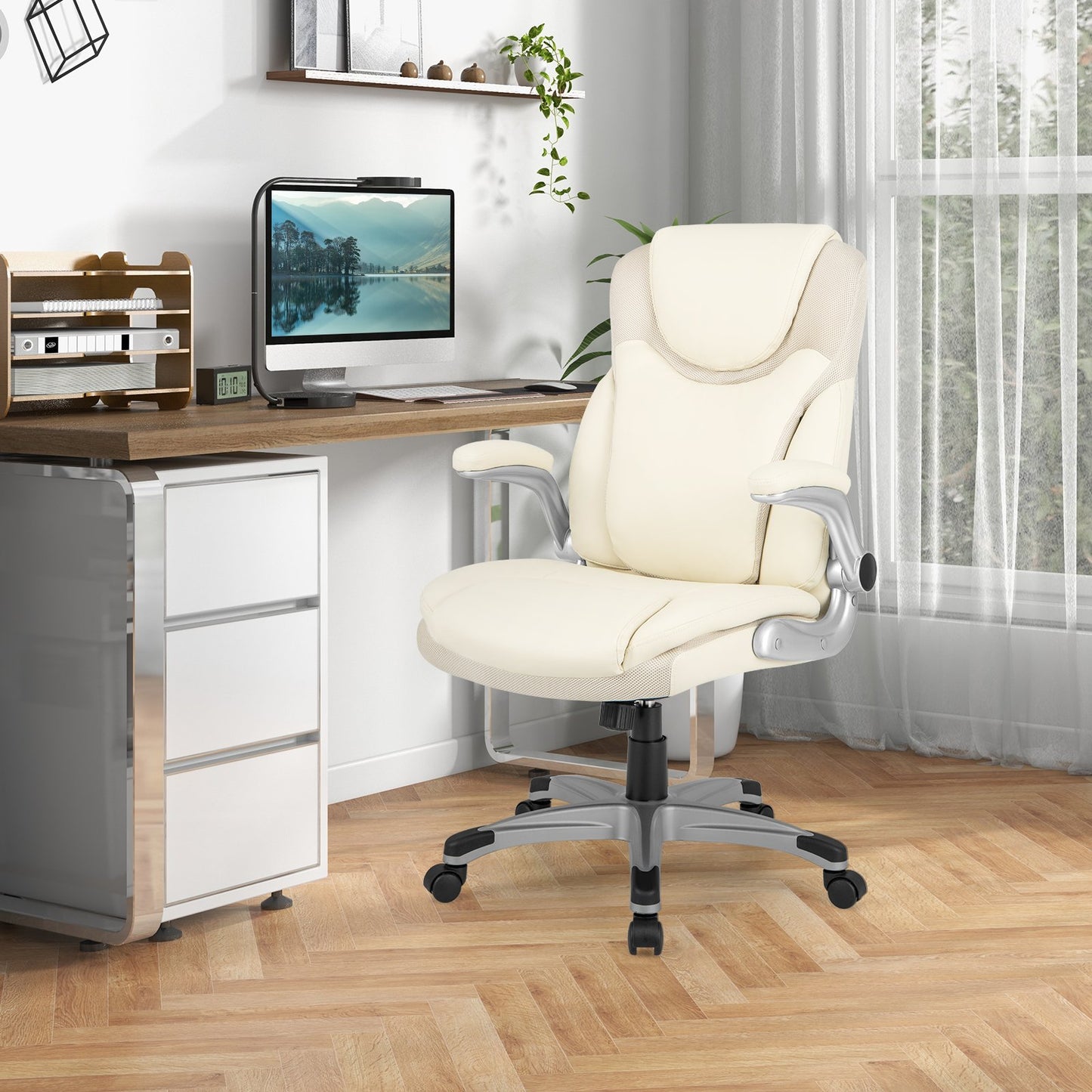 Ergonomic Office PU Leather Executive Chair with Flip-up Armrests and Rocking Function-Black