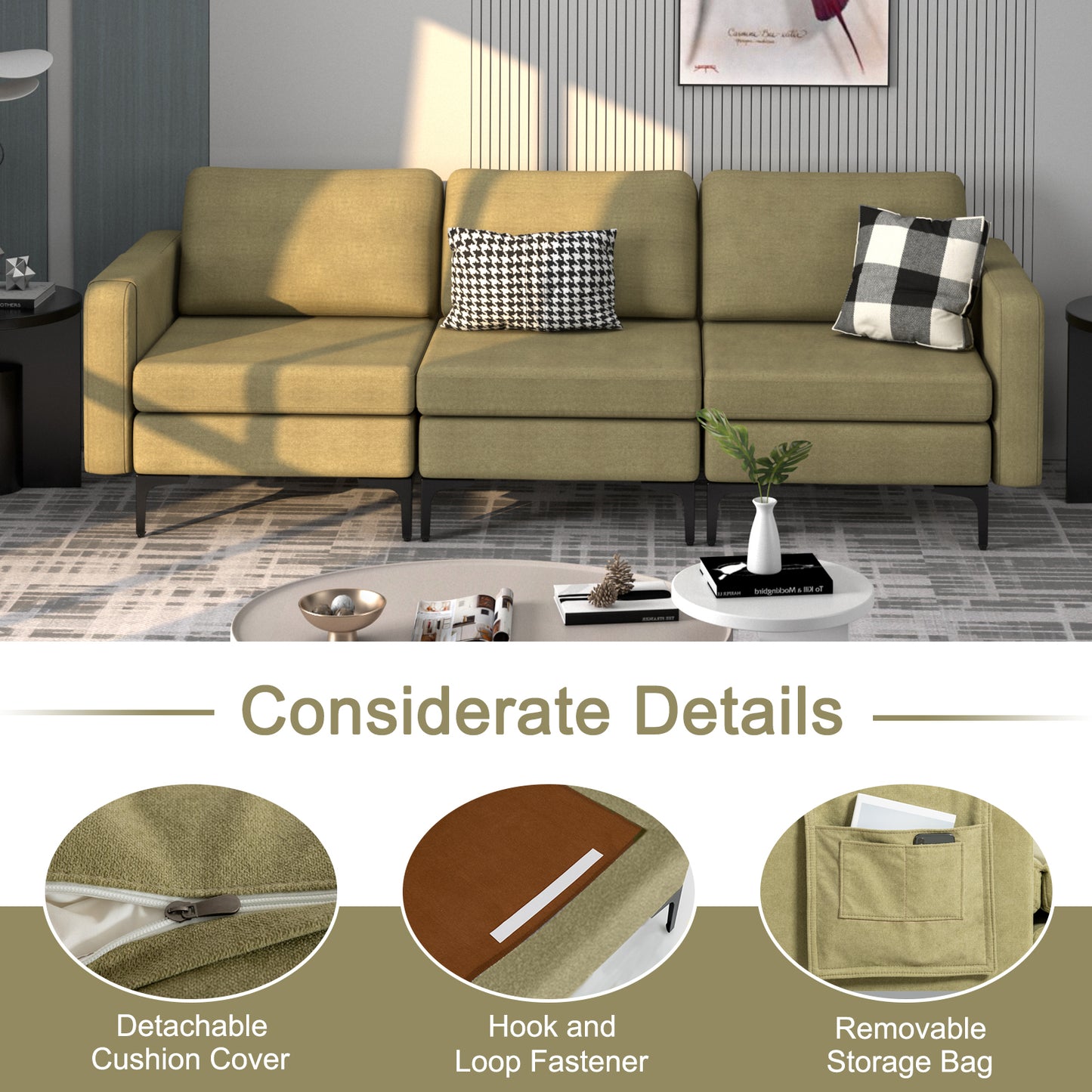 Convertible Leather Sofa Couch with Magazine Pockets 3-Seat with 2 USB Port-Blue