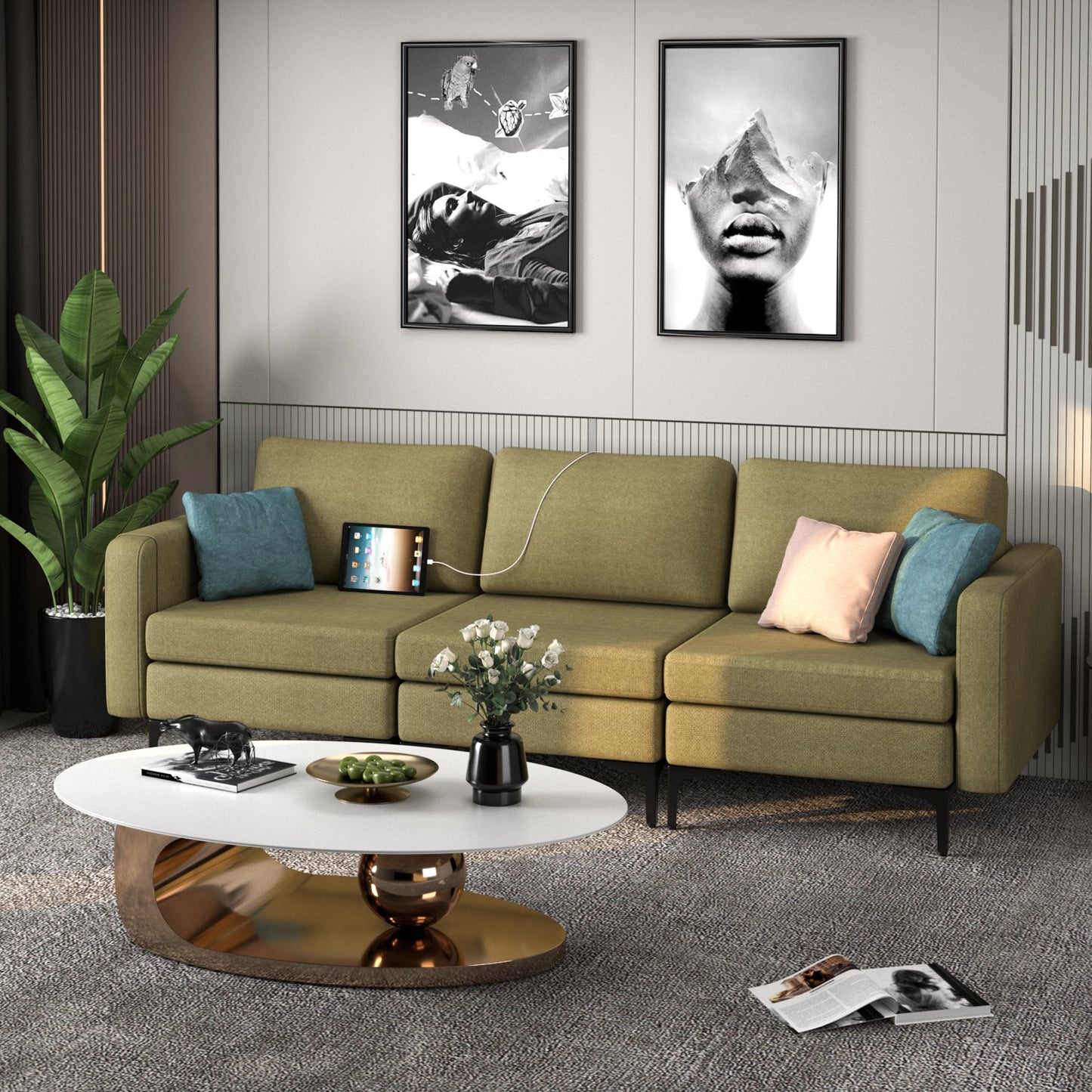 Convertible Leather Sofa Couch with Magazine Pockets 3-Seat with 2 USB Port-Blue