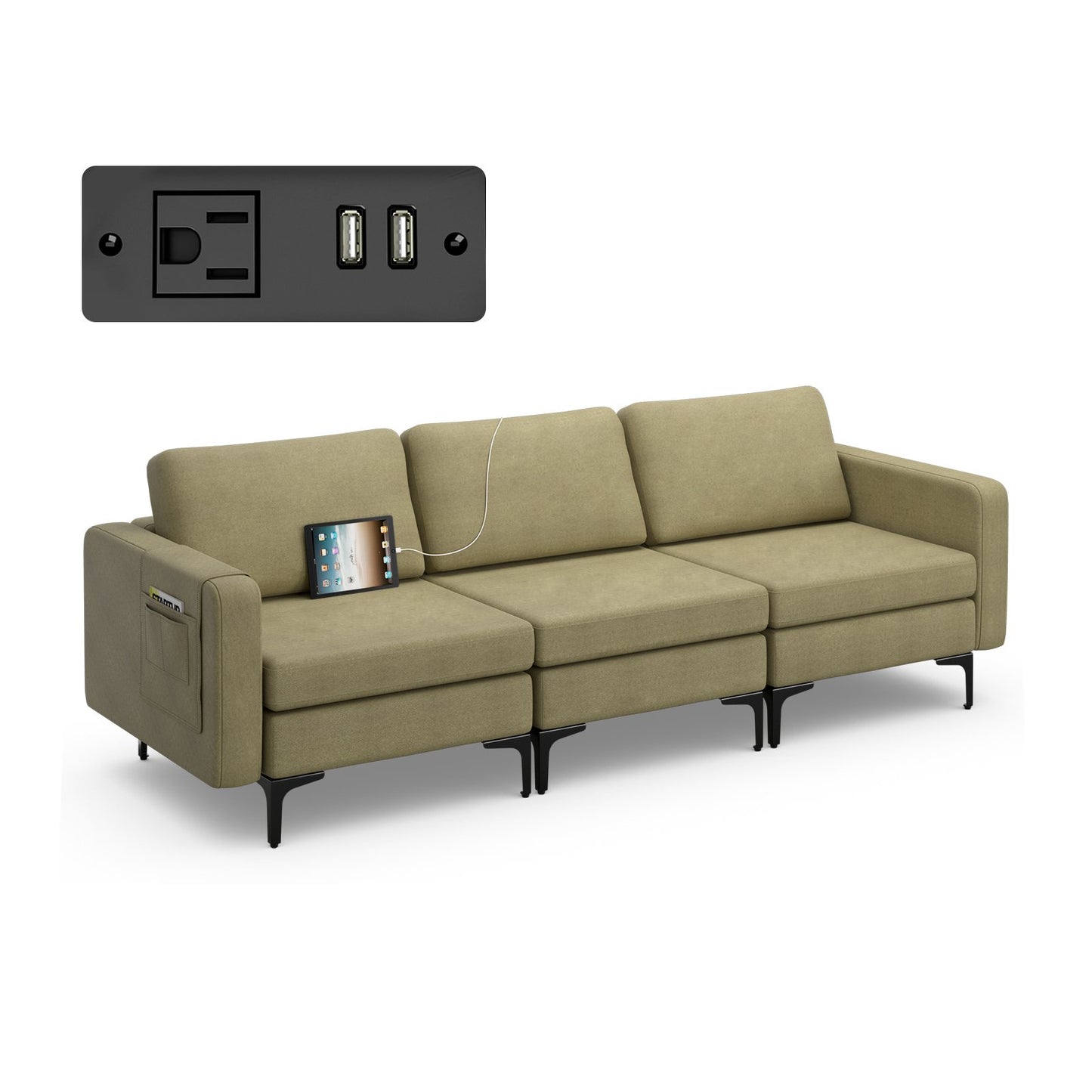 Convertible Leather Sofa Couch with Magazine Pockets 3-Seat with 2 USB Port-Blue