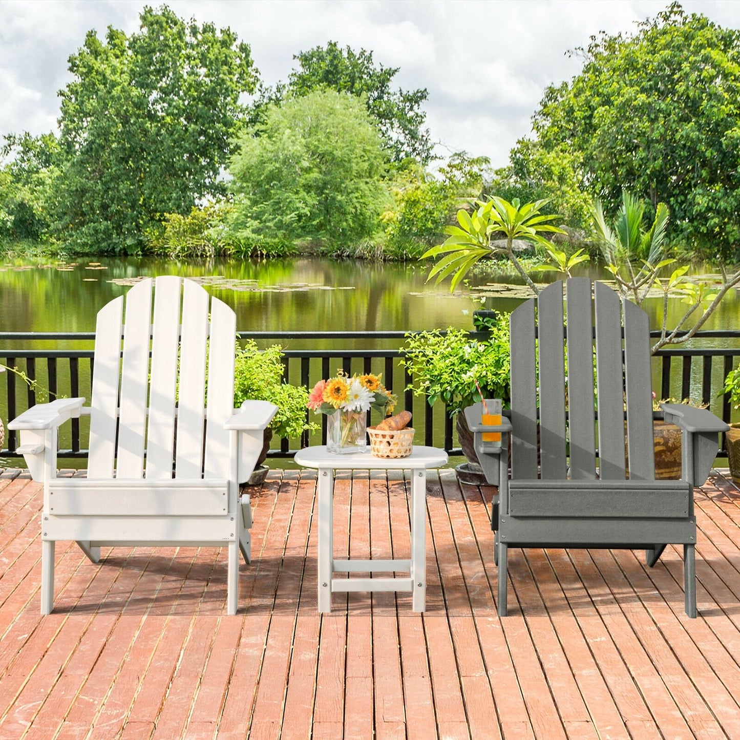 Foldable Weather Resistant Patio Chair with Built-in Cup Holder-Black