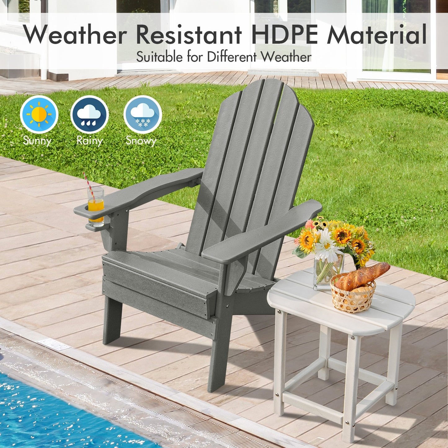 Foldable Weather Resistant Patio Chair with Built-in Cup Holder-Black