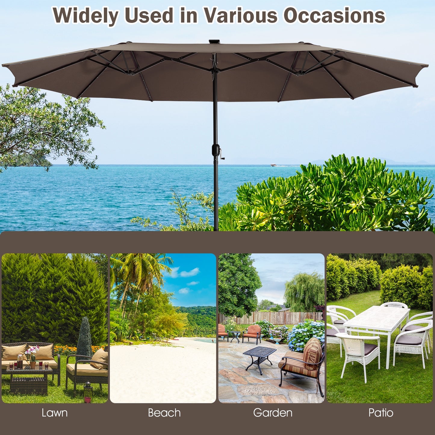 15 Feet Twin Patio Umbrella with 48 Solar LED Lights-Coffee