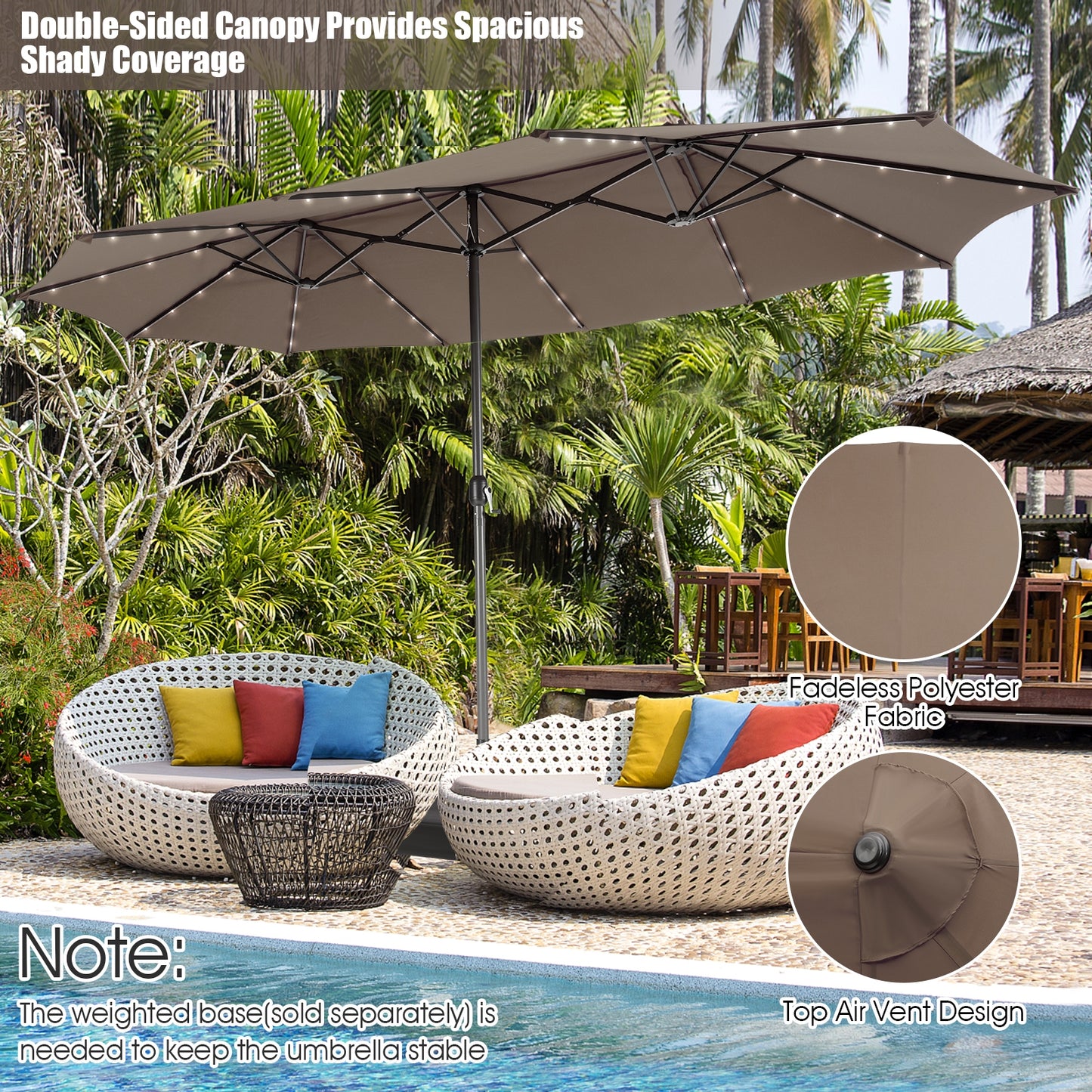 15 Feet Twin Patio Umbrella with 48 Solar LED Lights-Coffee