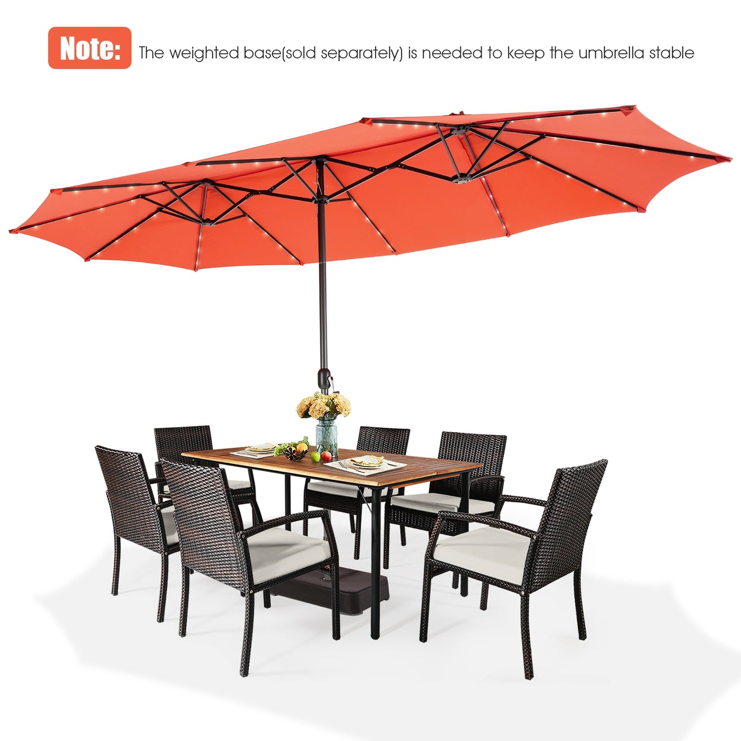 15 Feet Twin Patio Umbrella with 48 Solar LED Lights-Orange