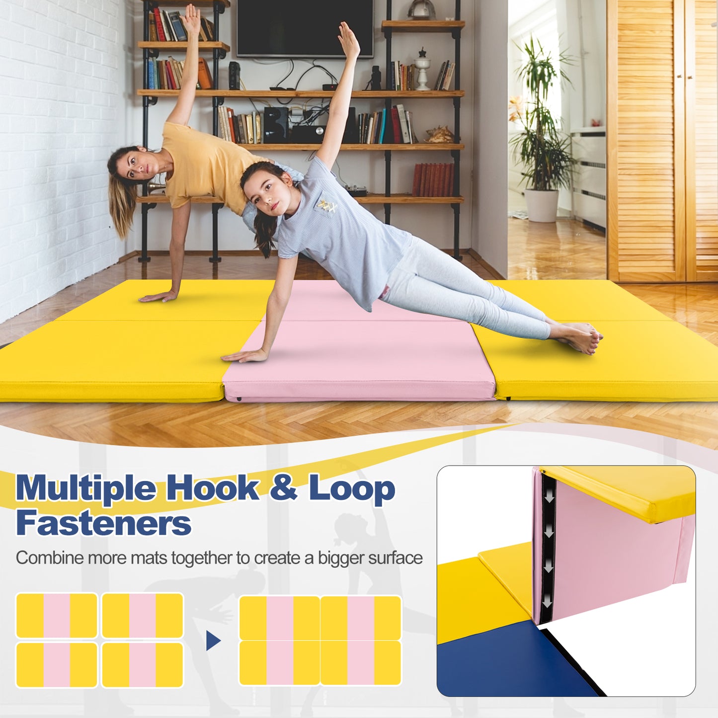 6 x 2 FT Tri-Fold Gym Mat with Handles and Removable Zippered Cover-Yellow