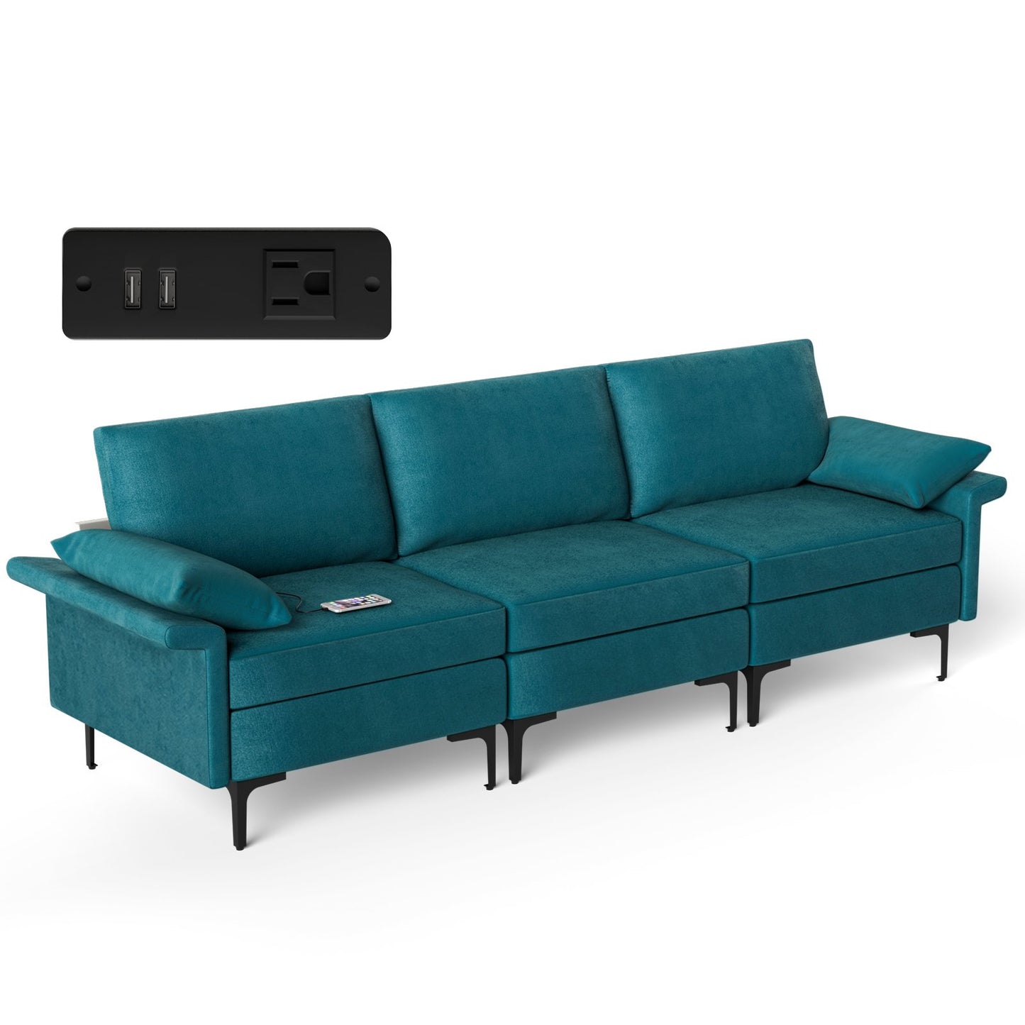 Large 3-Seat Sofa Sectional with Metal Legs and 2 USB Ports for 3-4 people-Green