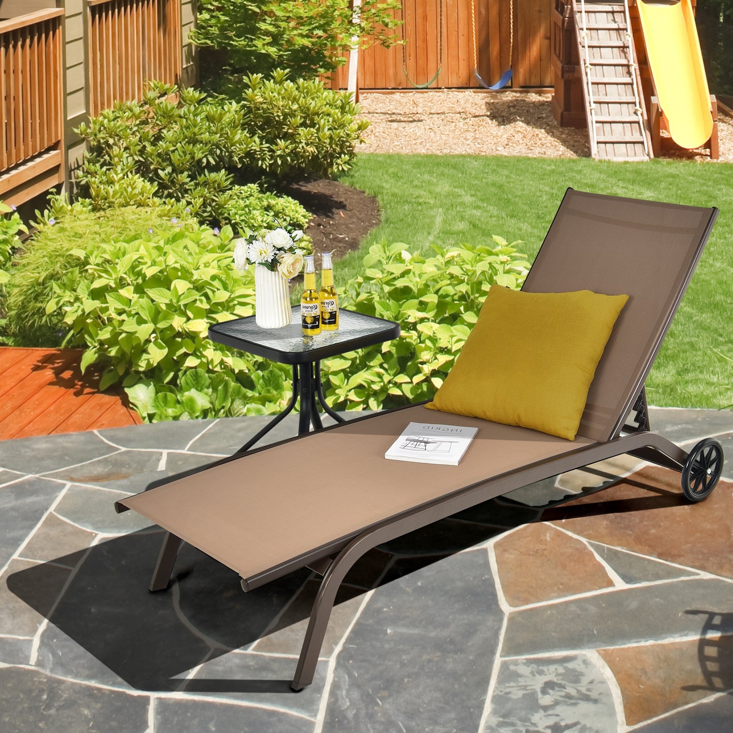 6-Poisition Adjustable Outdoor Chaise Recliner with Wheels-Black