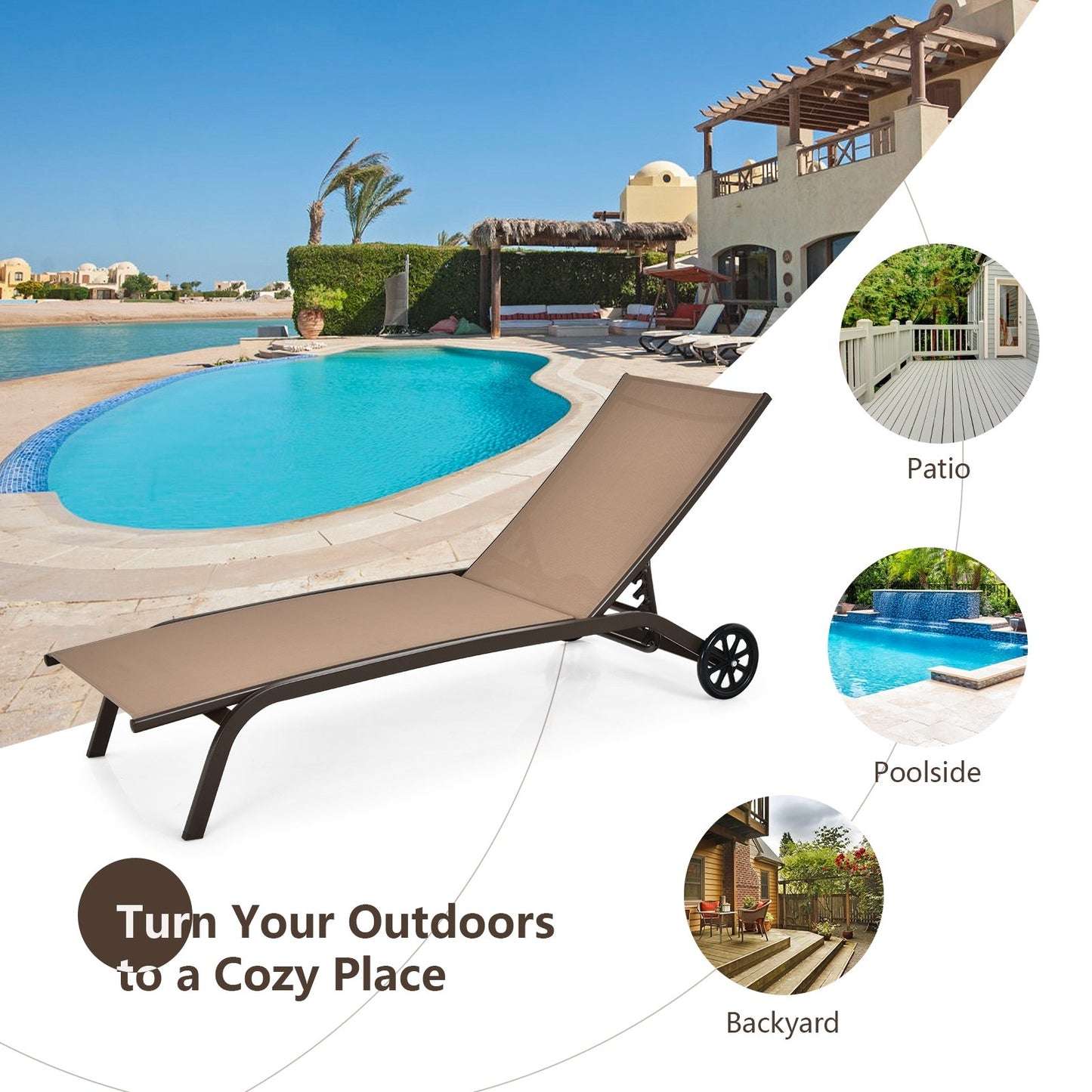 6-Poisition Adjustable Outdoor Chaise Recliner with Wheels-Black