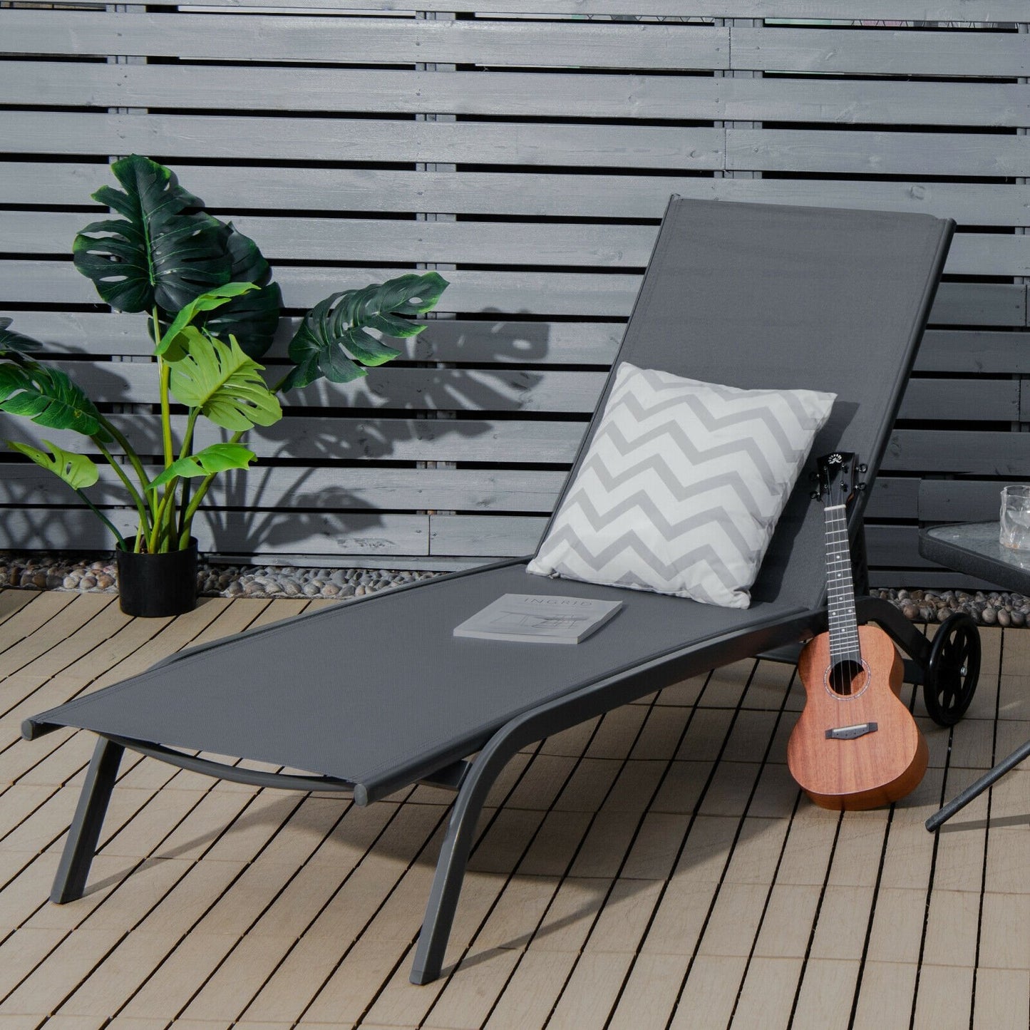 6-Poisition Adjustable Outdoor Chaise Recliner with Wheels-Black