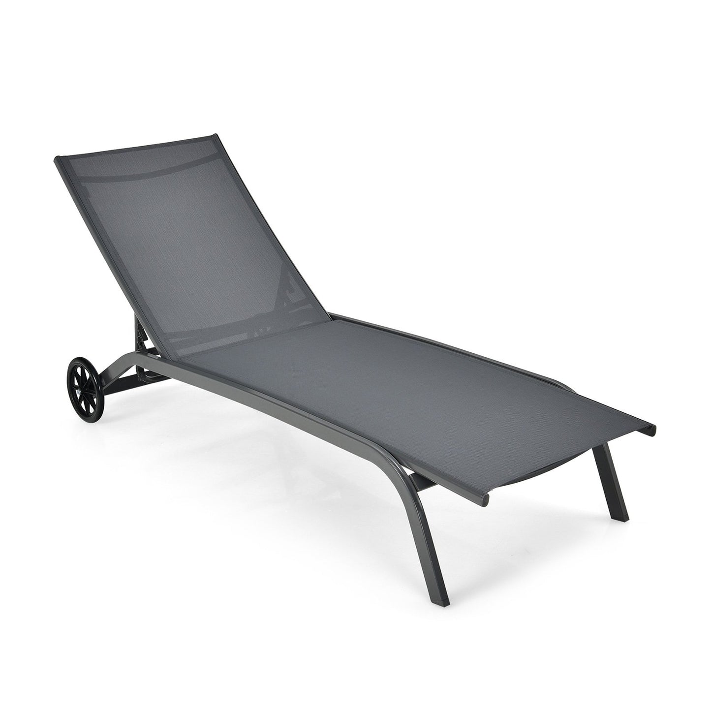 6-Poisition Adjustable Outdoor Chaise Recliner with Wheels-Black