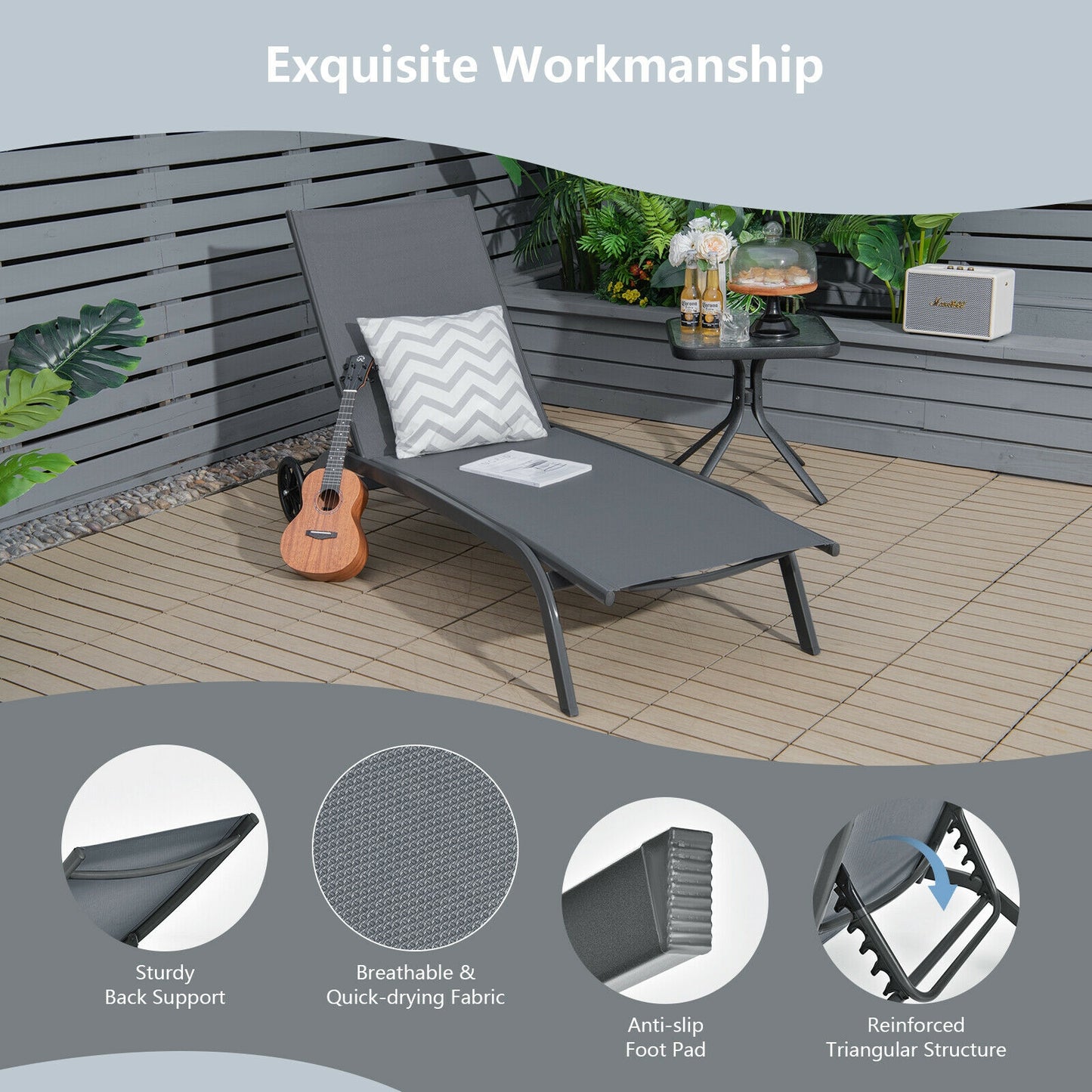 6-Poisition Adjustable Outdoor Chaise Recliner with Wheels-Black