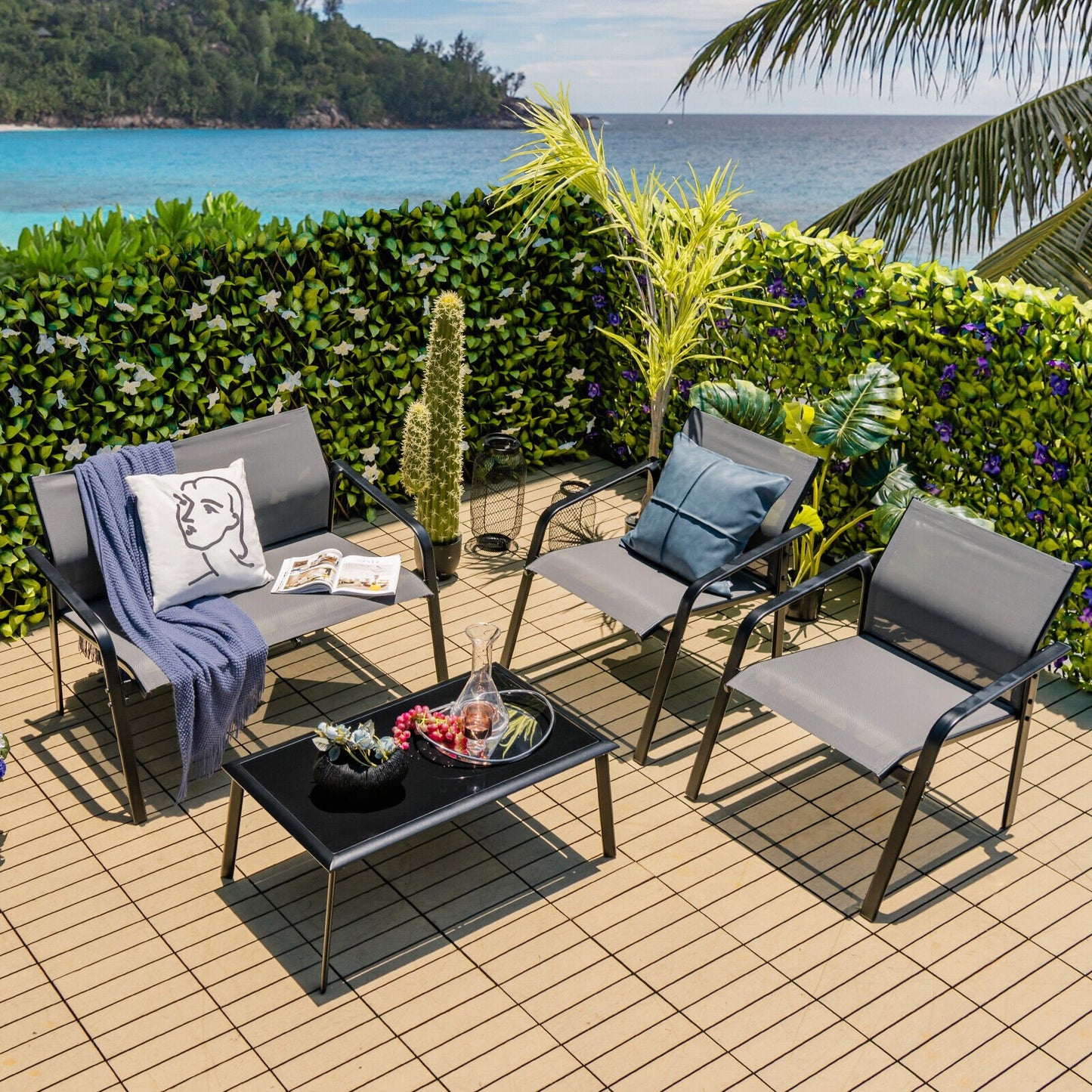 4 Pieces Patio Furniture Set with Armrest Loveseat Sofas and Glass Table Deck-Black