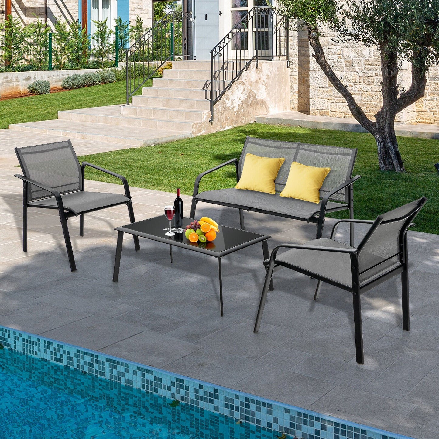 4 Pieces Patio Furniture Set with Armrest Loveseat Sofas and Glass Table Deck-Black