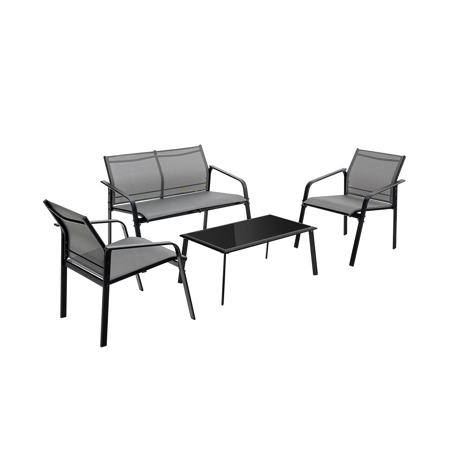 4 Pieces Patio Furniture Set with Armrest Loveseat Sofas and Glass Table Deck-Black