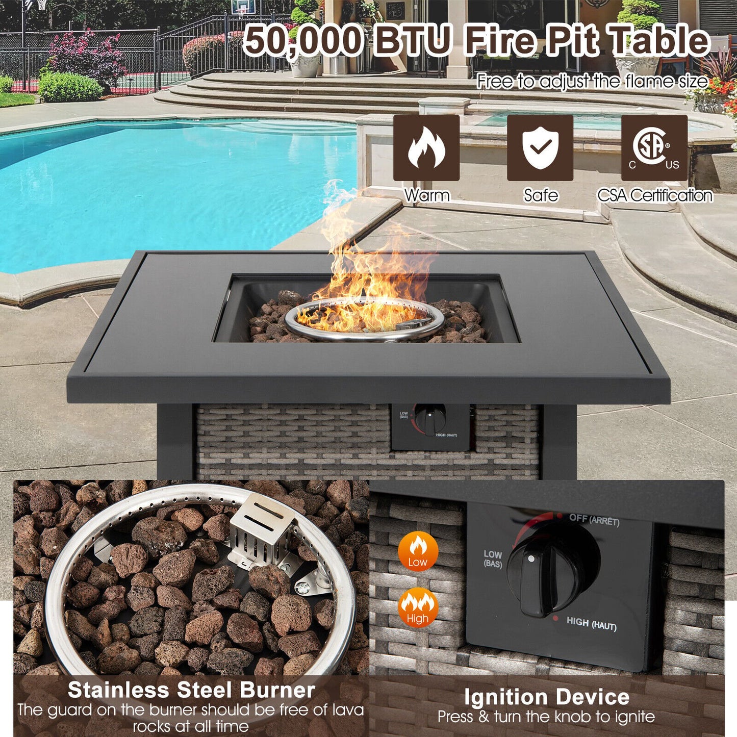 32 Inch Square Propane Fire Pit Table with Lava Rocks Cover-Brown