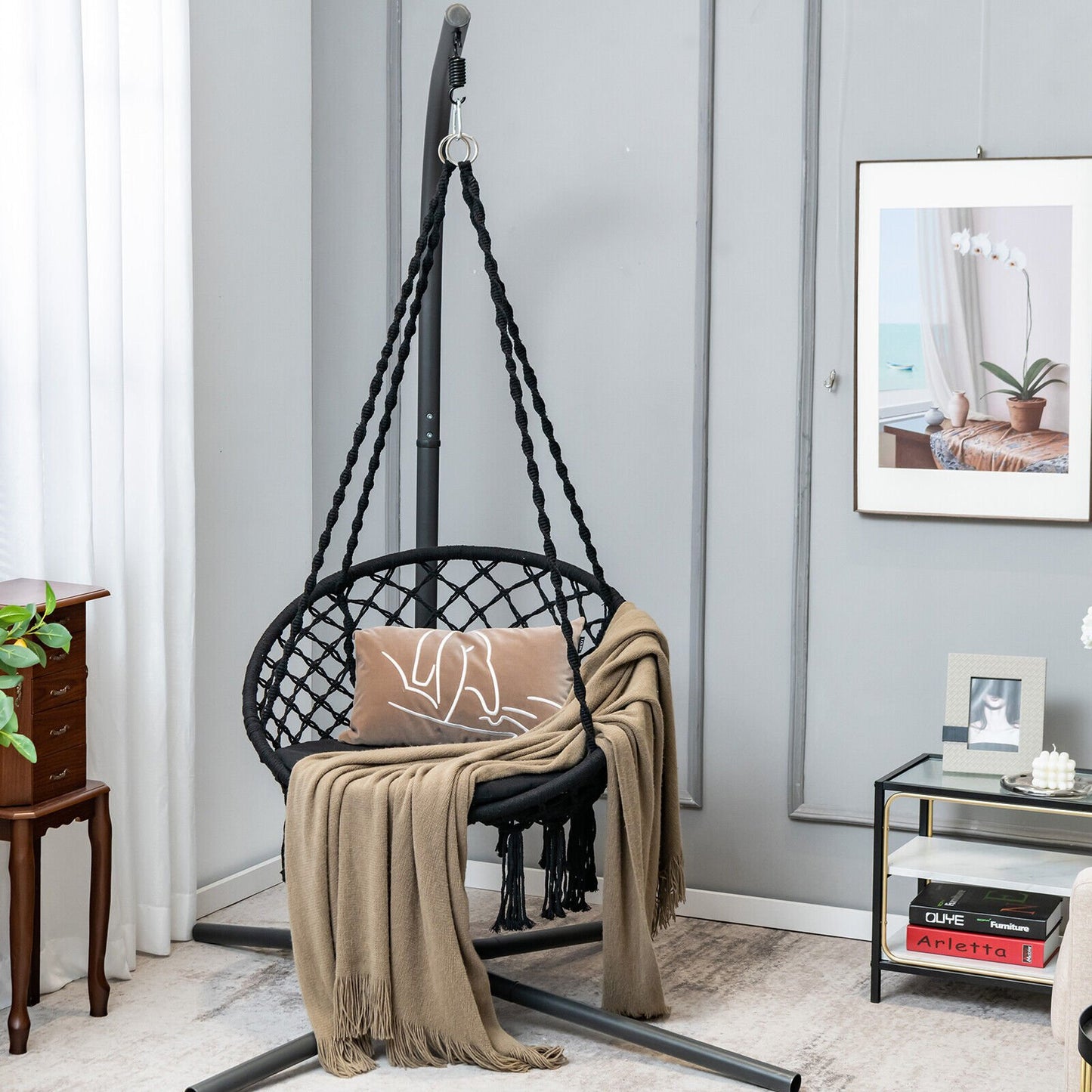 Cushioned Hammock Swing Chair with Hanging Kit-Beige
