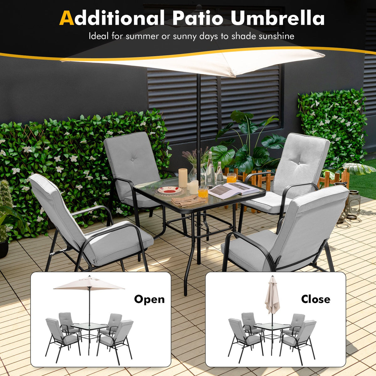 Six-piece outdoor patio dining set with umbrella and stackable cushioned chairs, ideal for outdoor dining and entertaining.