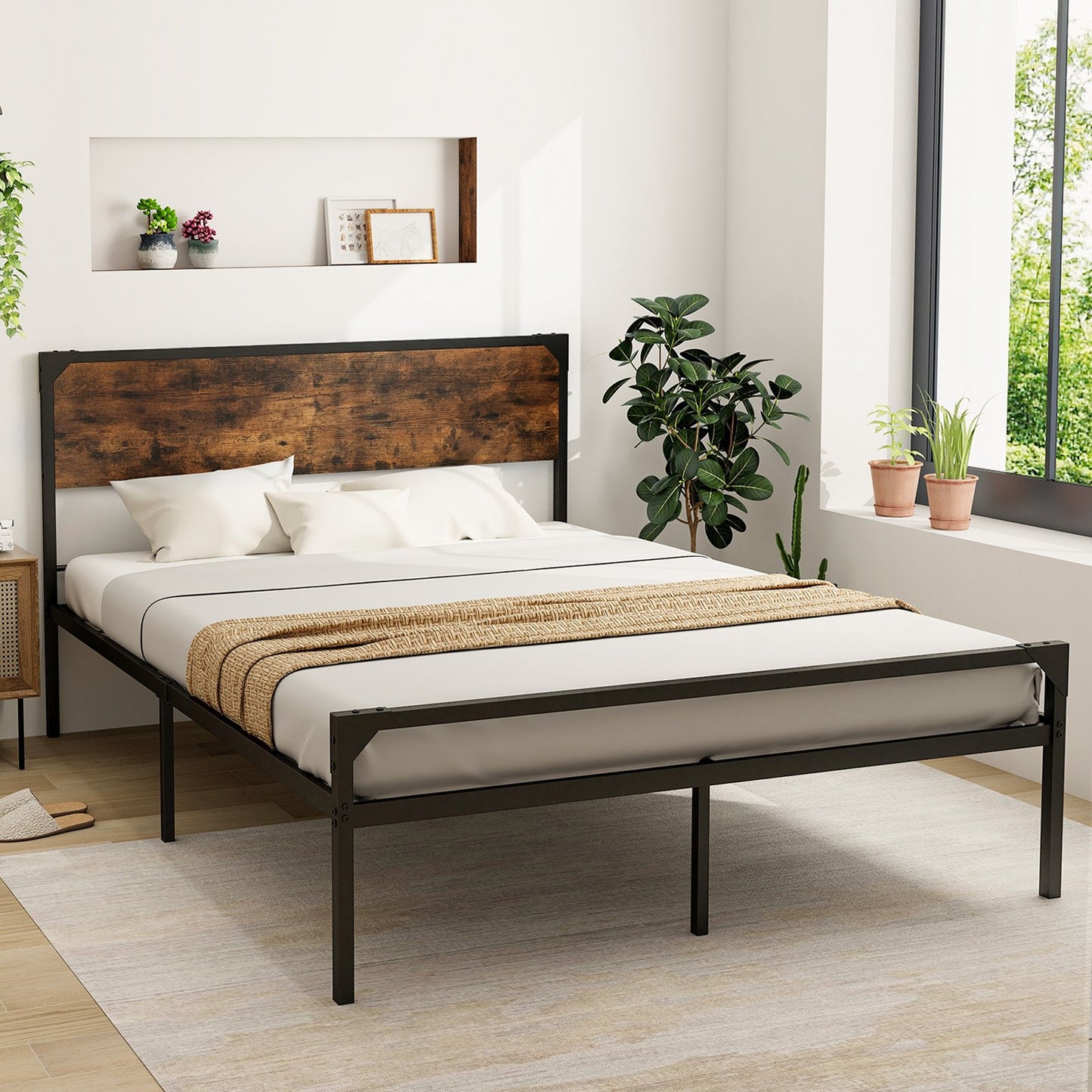 Platform Full/Queen Bed with Rustic Headboard and Footboard-Full Size