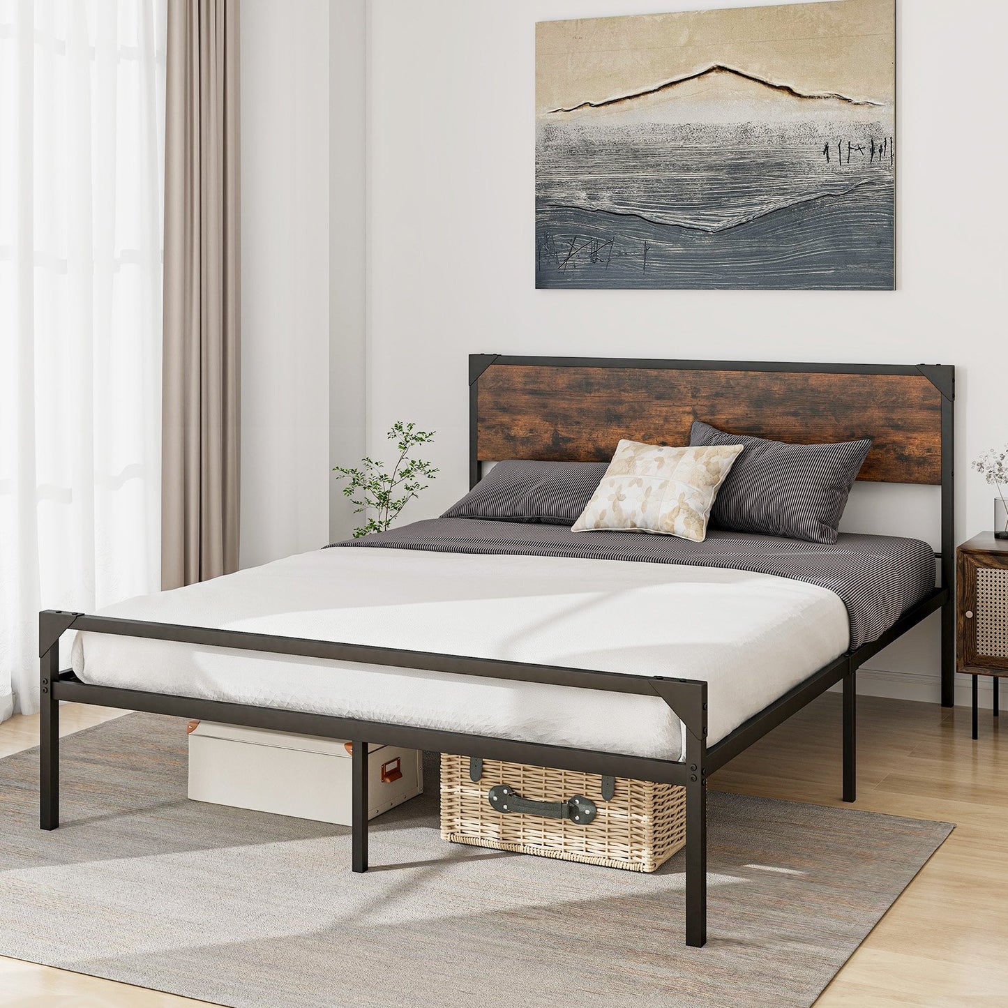 Platform Full/Queen Bed with Rustic Headboard and Footboard-Full Size