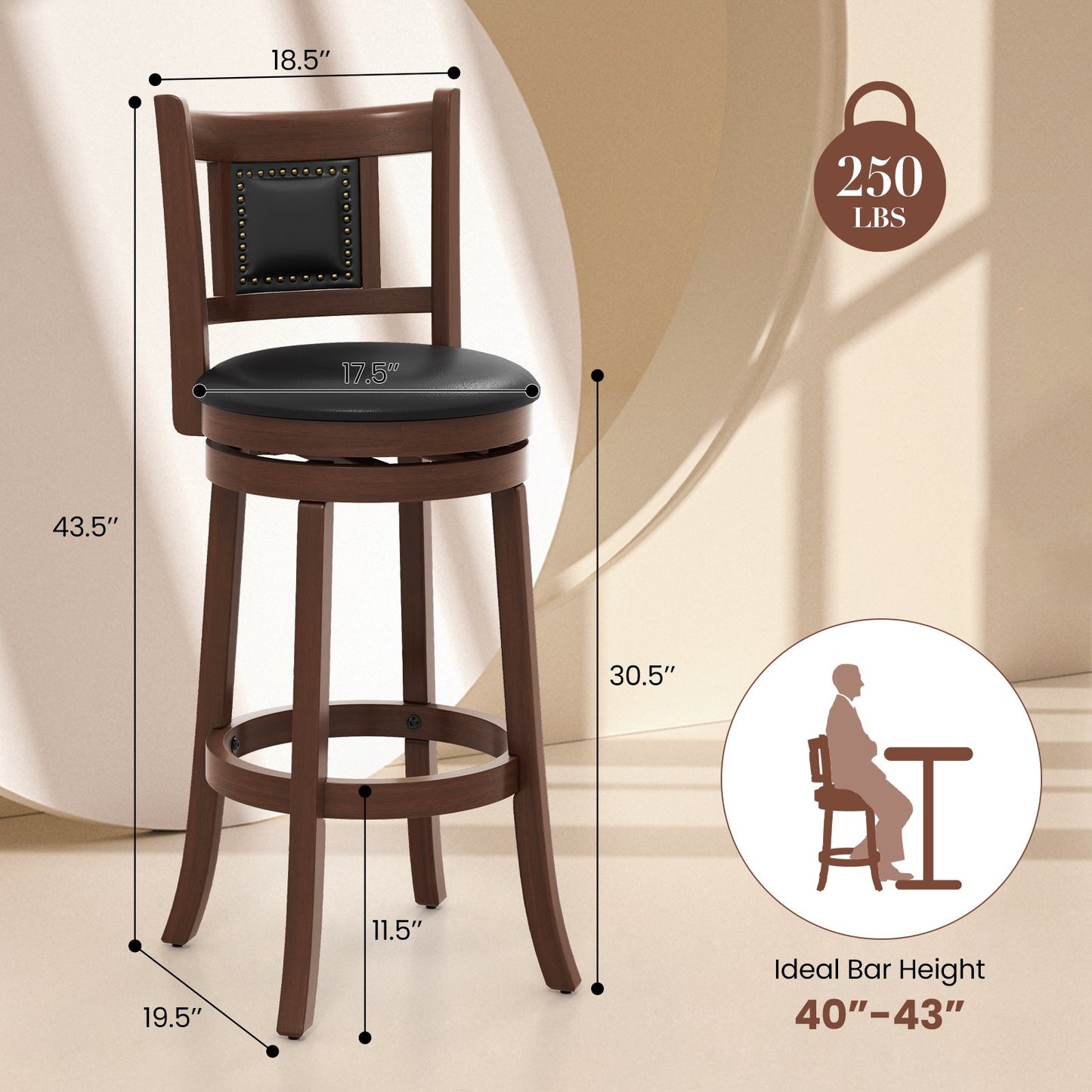 25.5 Inch/30.5 Inch Upholstered Bar Stools Set of 2 with Curved Backrest and Footrest-25.5 inches