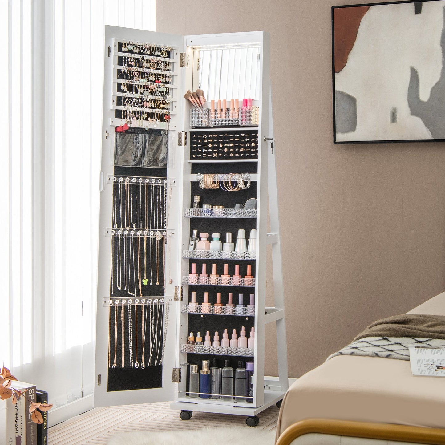 64 Inches Lockable Jewelry Cabinet Armoire with Built-in Makeup Mirror-Black