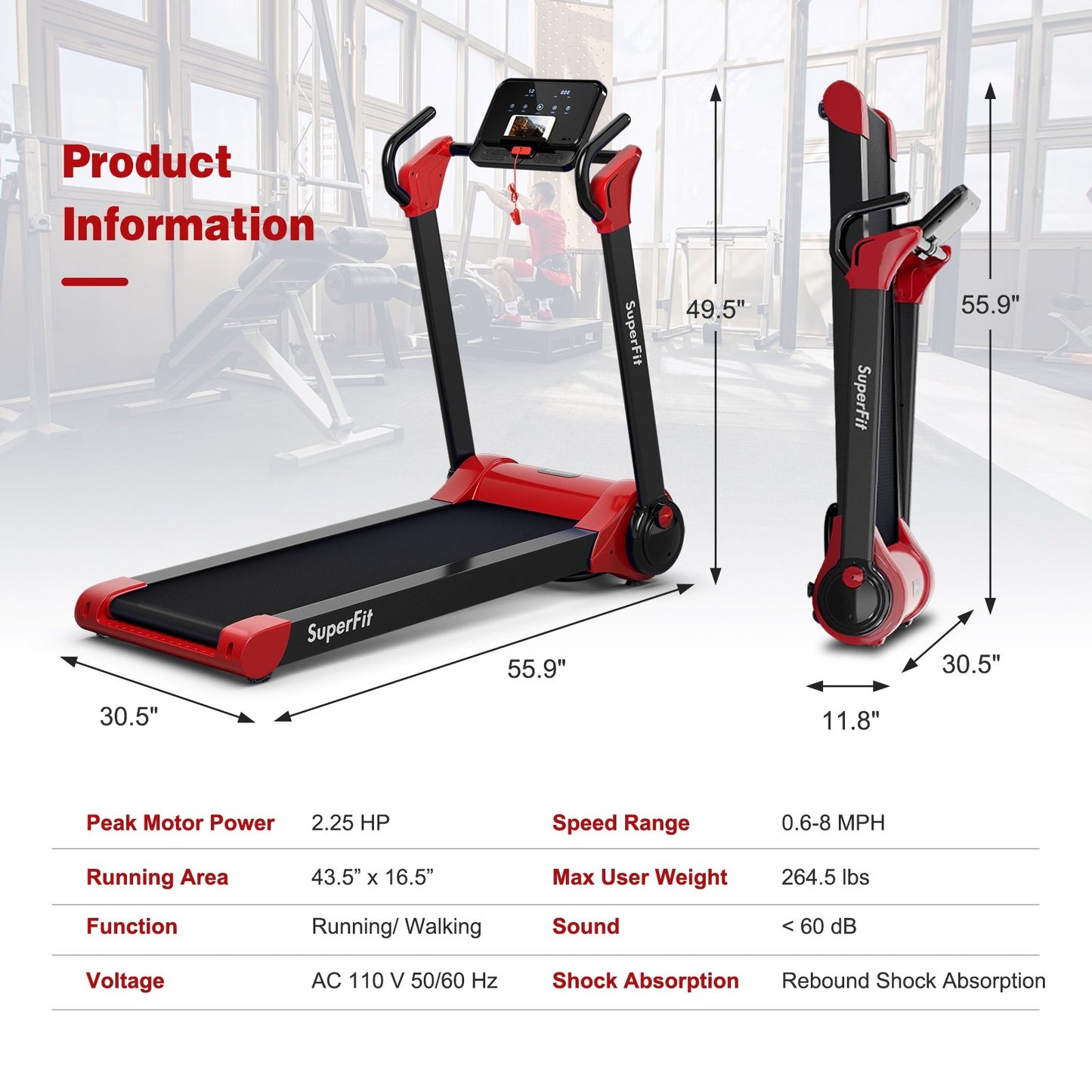 2.25 HP Electric Motorized Folding Running Treadmill Machine with LED Display and APP Control-Red