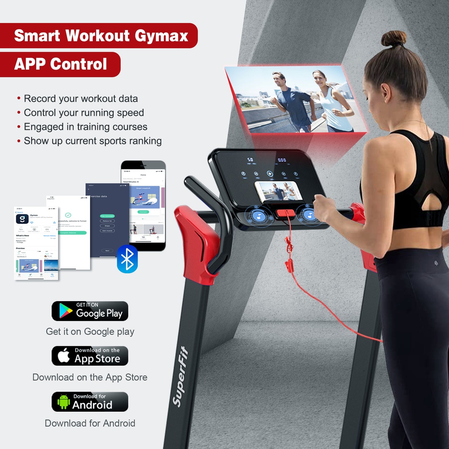 2.25 HP Electric Motorized Folding Running Treadmill Machine with LED Display and APP Control-Red