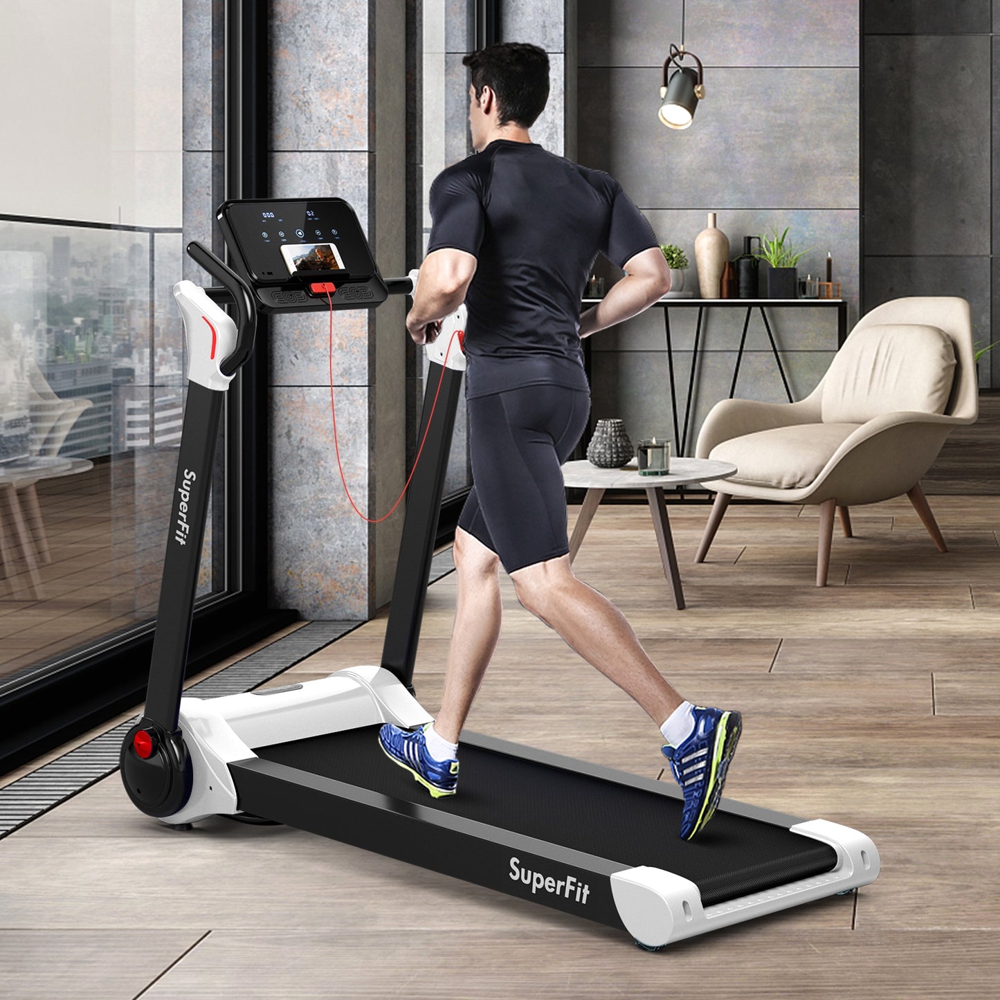 2.25 HP Electric Motorized Folding Running Treadmill Machine with LED Display and APP Control-White