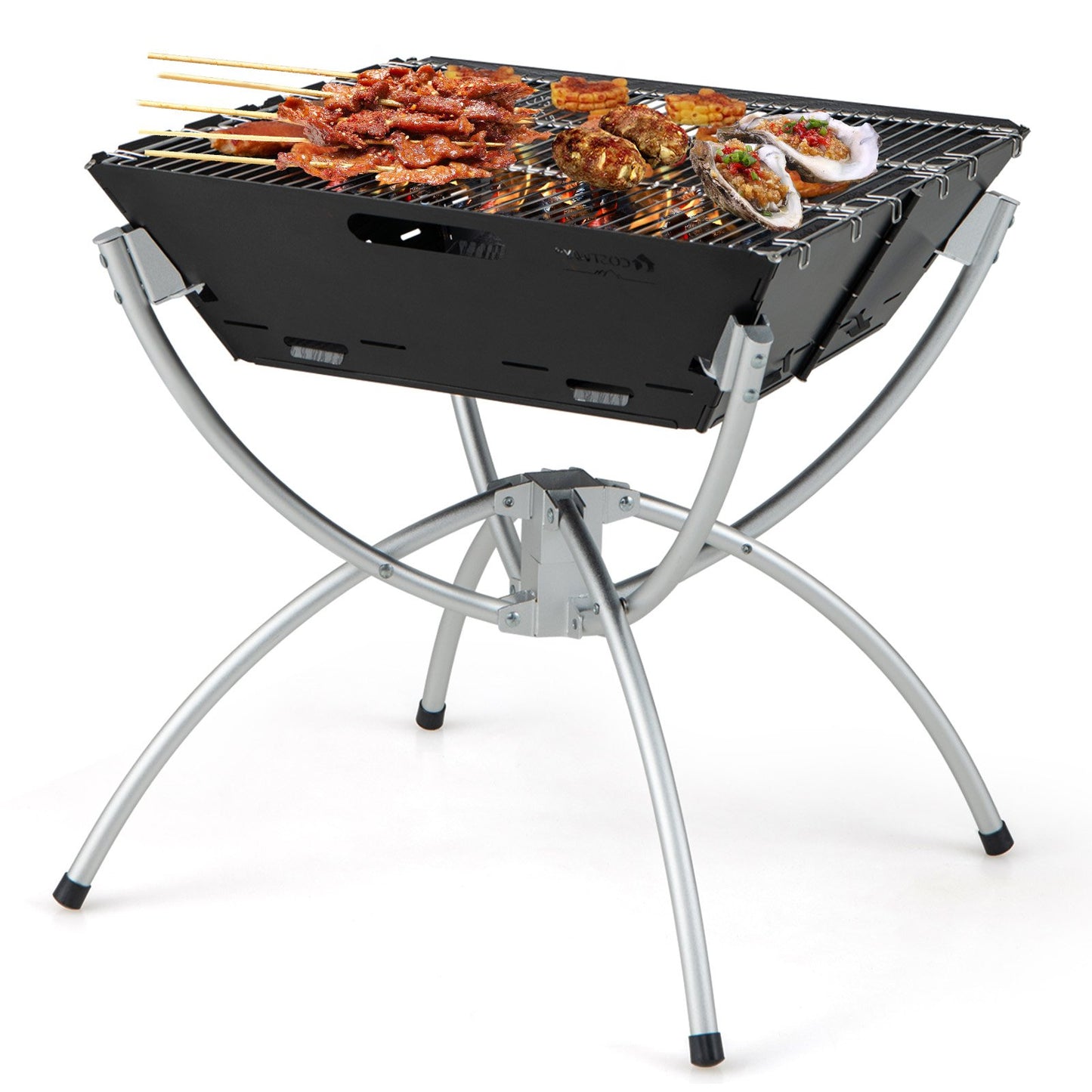 3-in-1 Camping Campfire Grill with Stainless Steel Grills Carrying Bag & Gloves-Black