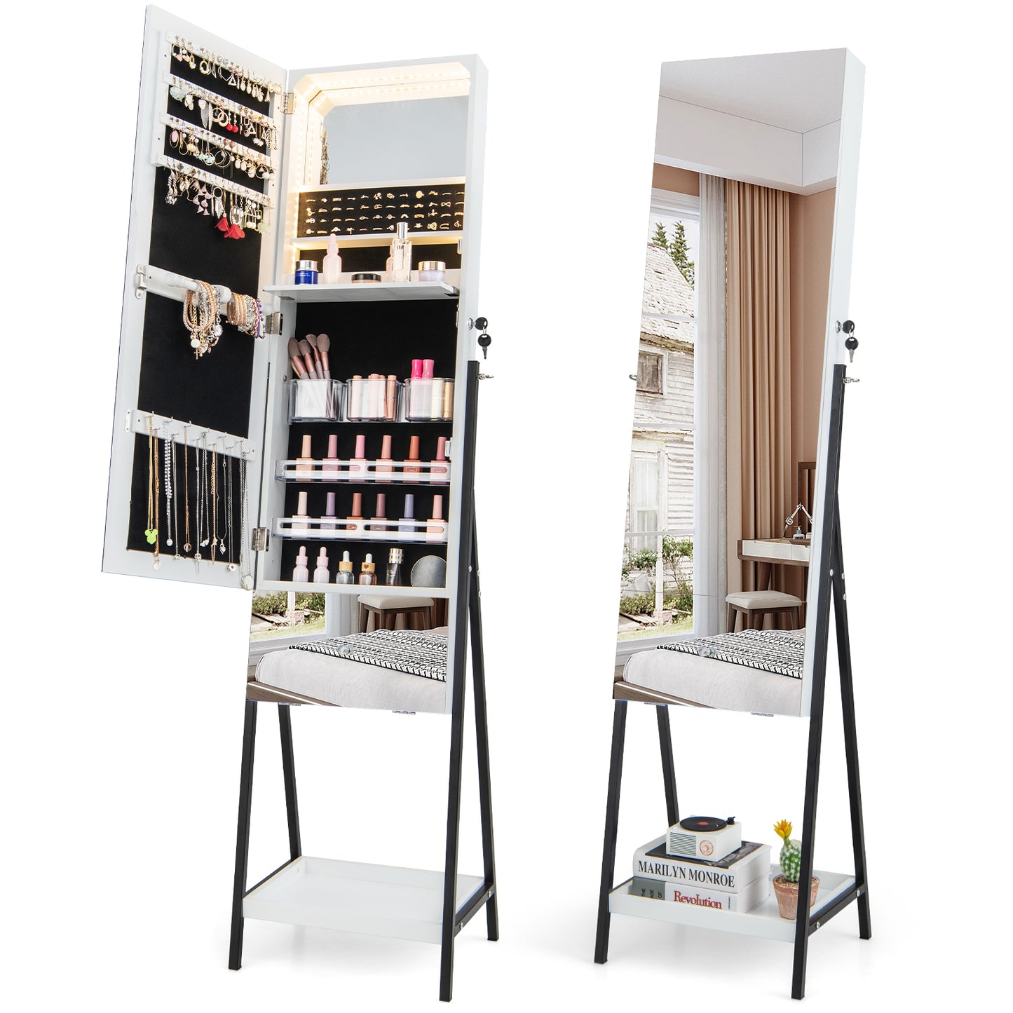 Lockable Freestanding Jewelry Organizer with Full-Length Frameless Mirror-Rustic Brown