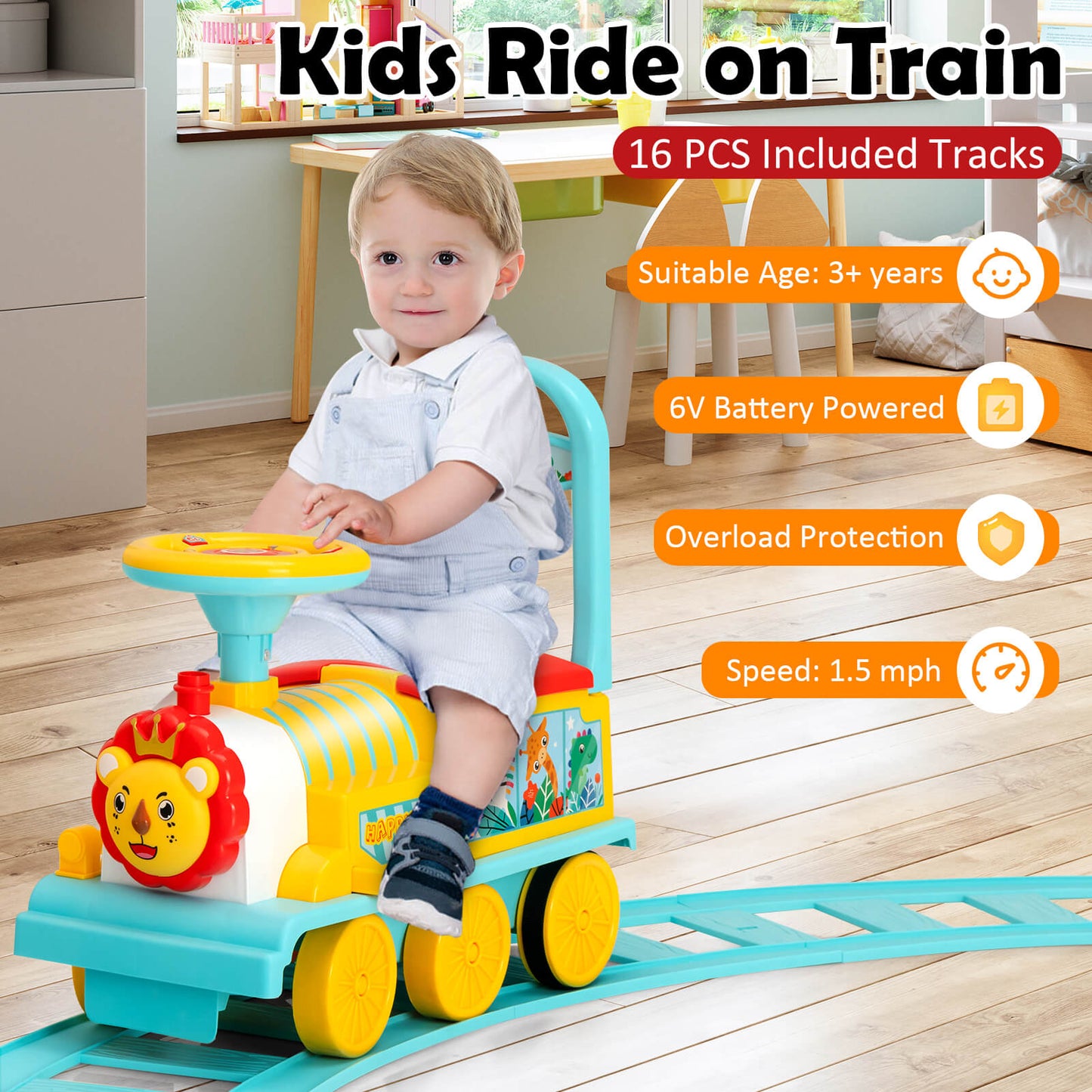 6V Electric Kids Ride On Car Toy Train with 16 Pieces Tracks-Black