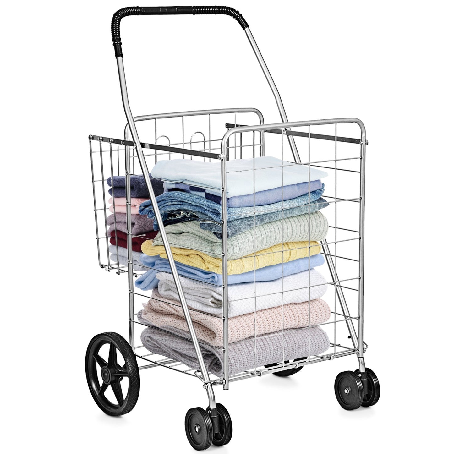 Folding Shopping Cart for Laundry with Swiveling Wheels and Dual Storage Baskets-Black