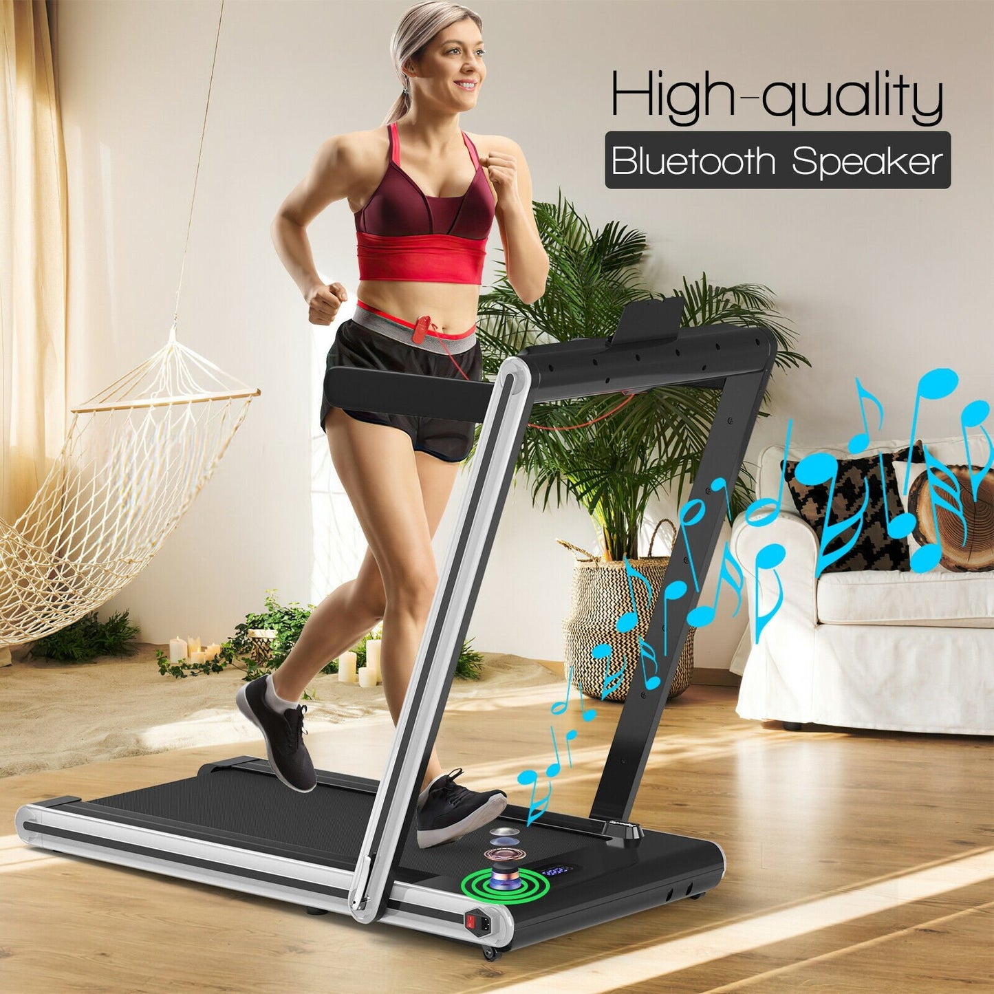 2-in-1 Folding Treadmill 2.25HP Jogging Machine with Dual LED Display-Black