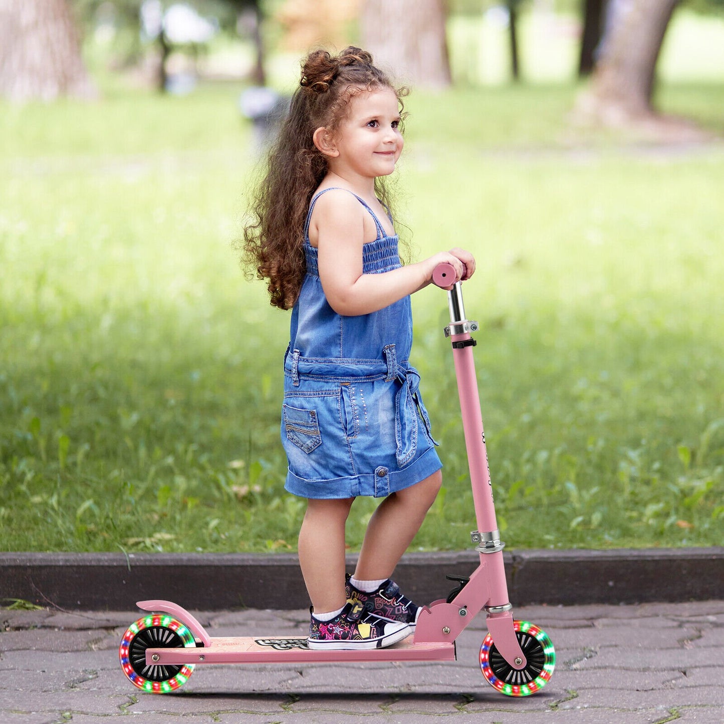 Folding Adjustable Height Kids Toy Kick Scooter with 2 Flashing Wheels-Blue