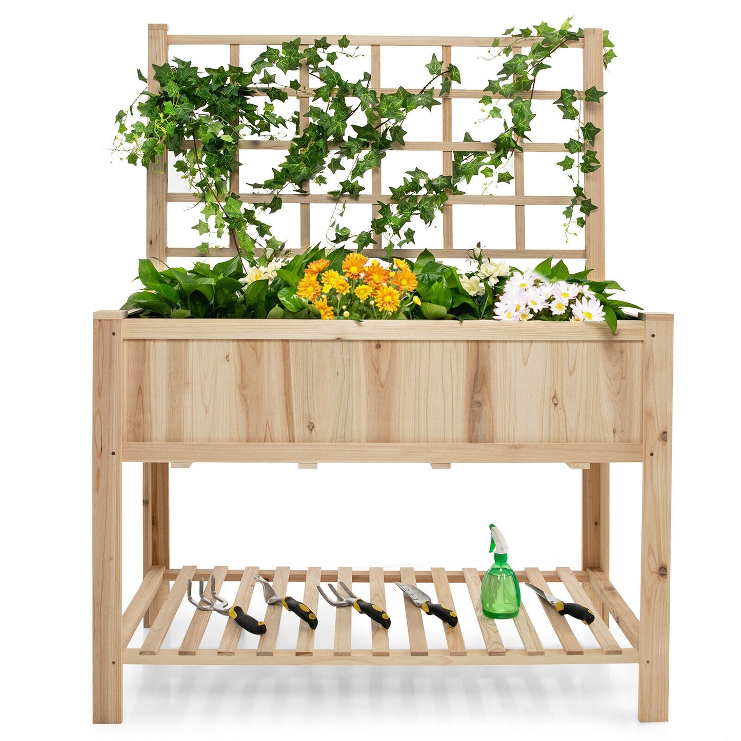 Costway Raised Garden Bed Elevated Wooden Planter Box with Trellis