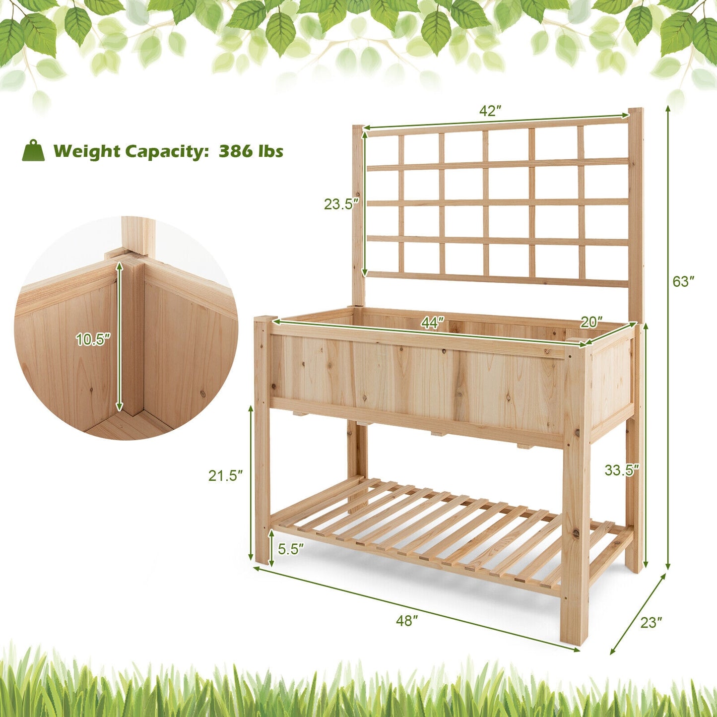 Costway Raised Garden Bed Elevated Wooden Planter Box with Trellis