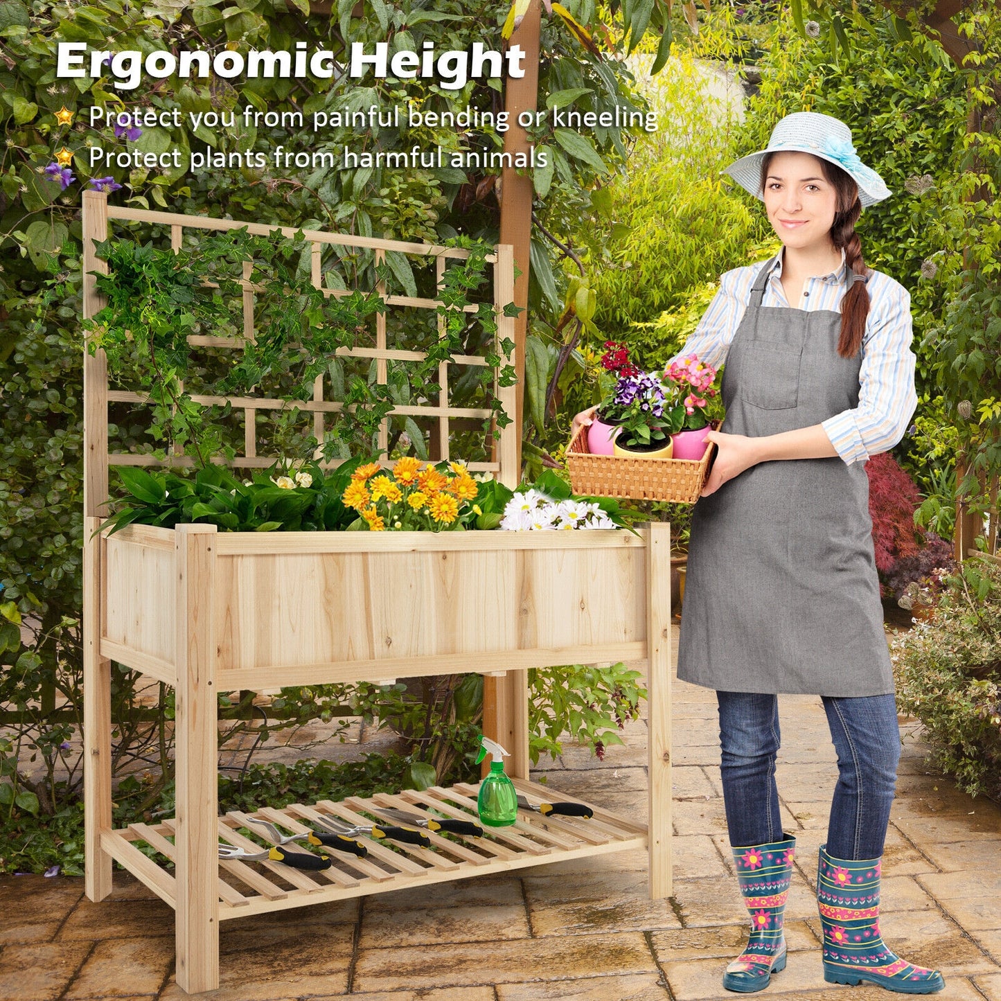 Costway Raised Garden Bed Elevated Wooden Planter Box with Trellis
