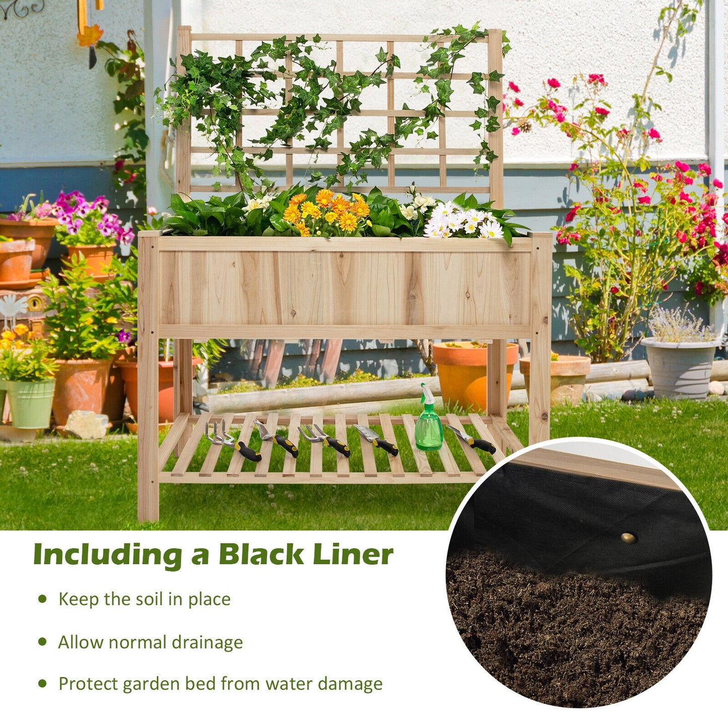 Costway Raised Garden Bed Elevated Wooden Planter Box with Trellis