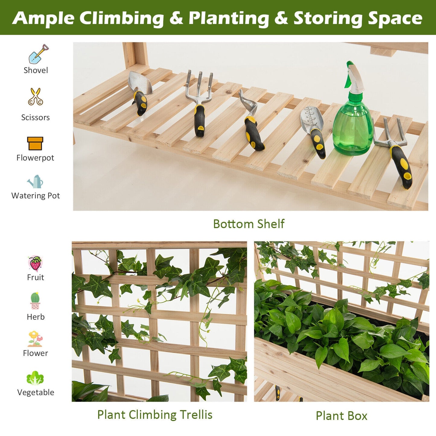 Costway Raised Garden Bed Elevated Wooden Planter Box with Trellis