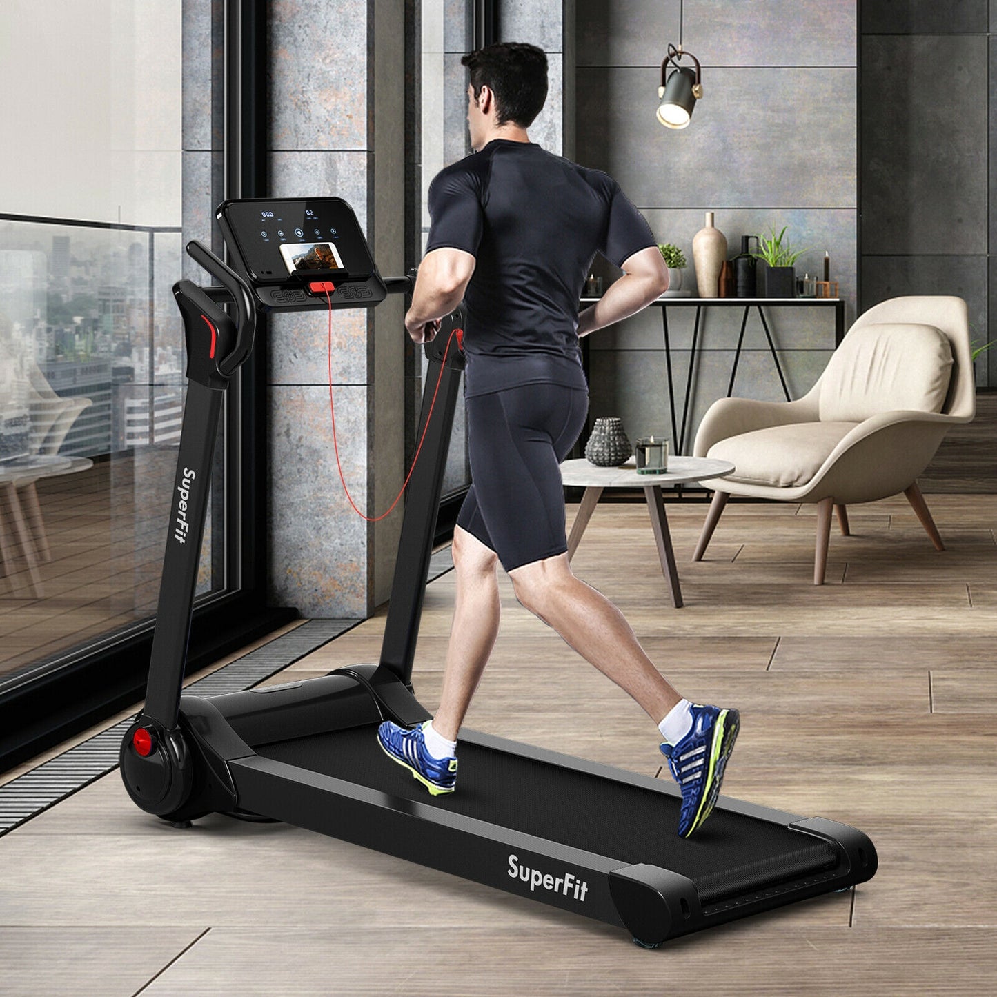 2.25 HP Electric Motorized Folding Running Treadmill Machine with LED Display and APP Control-Black