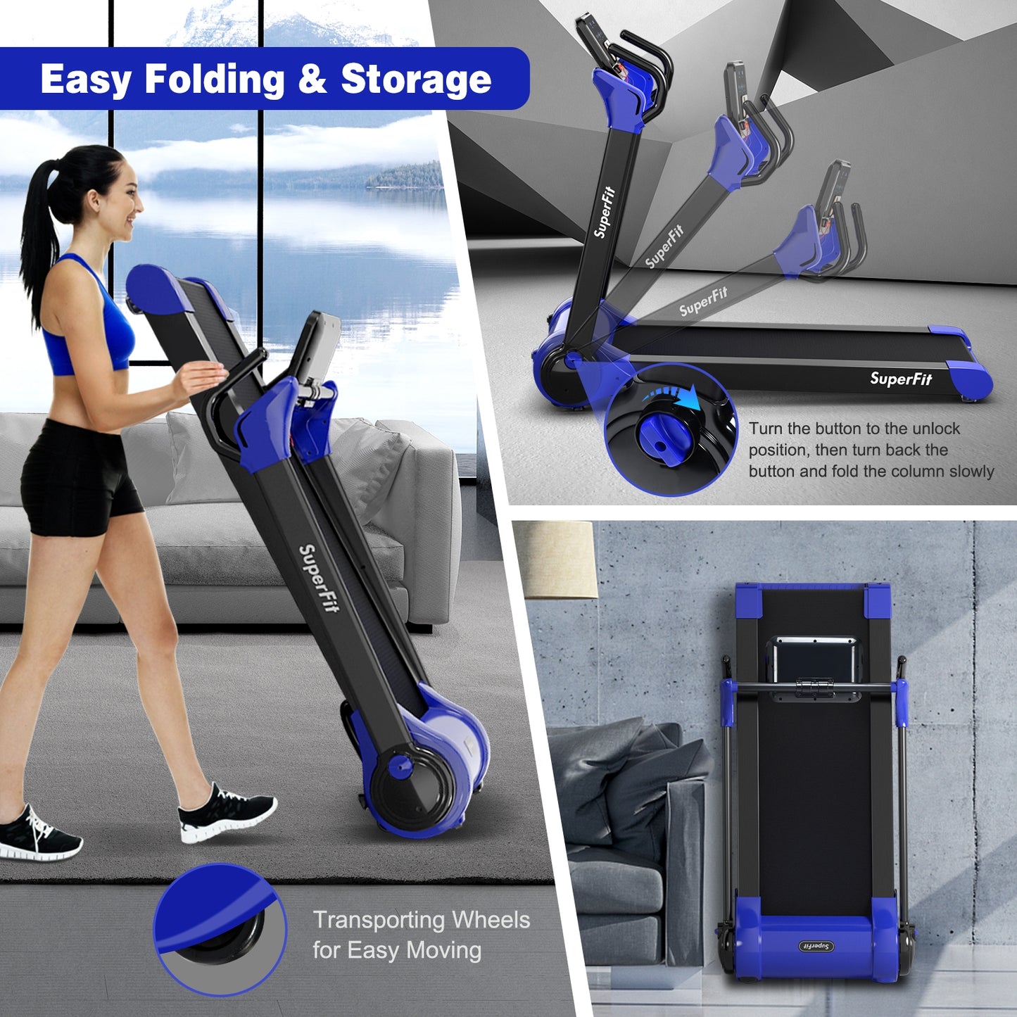 2.25 HP Electric Motorized Folding Running Treadmill Machine with LED Display and APP Control-Navy