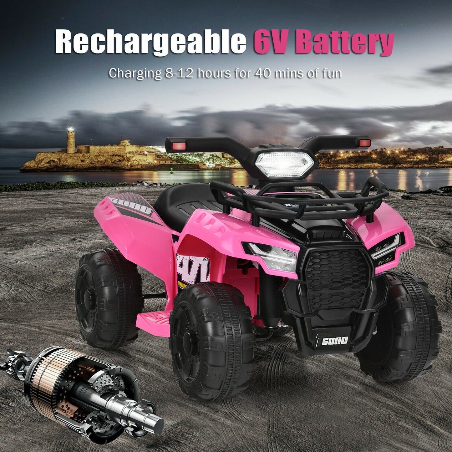 6V Kids ATV Quad Electric Ride On Car with LED Light and MP3-Solid Black
