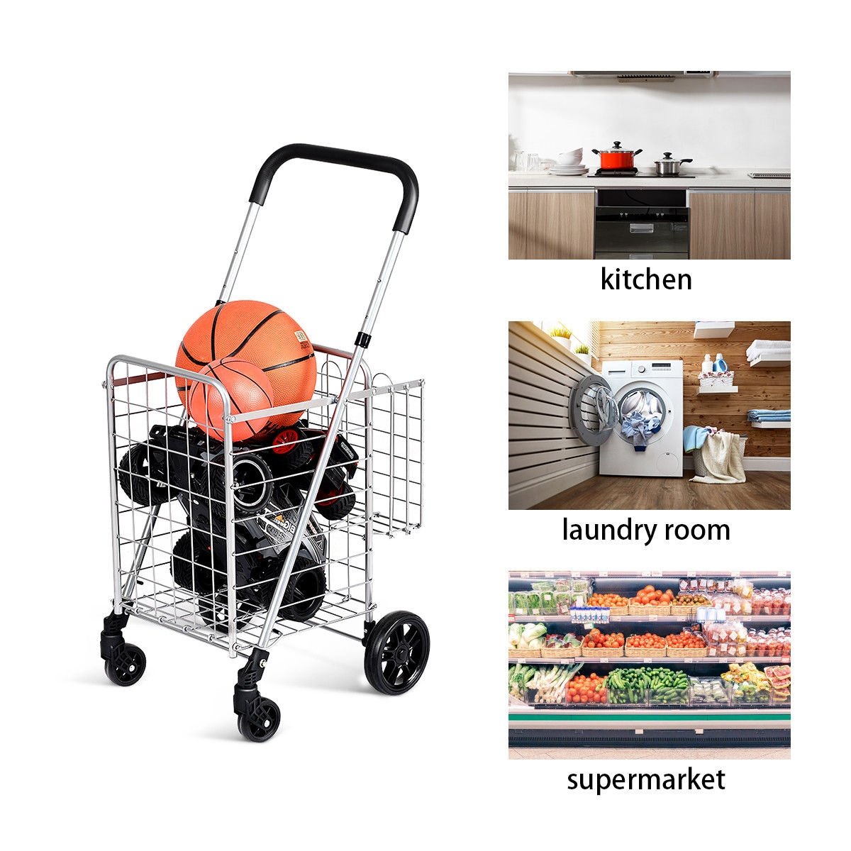 Folding Shopping Cart Basket Rolling Trolley with Adjustable Handle-Black